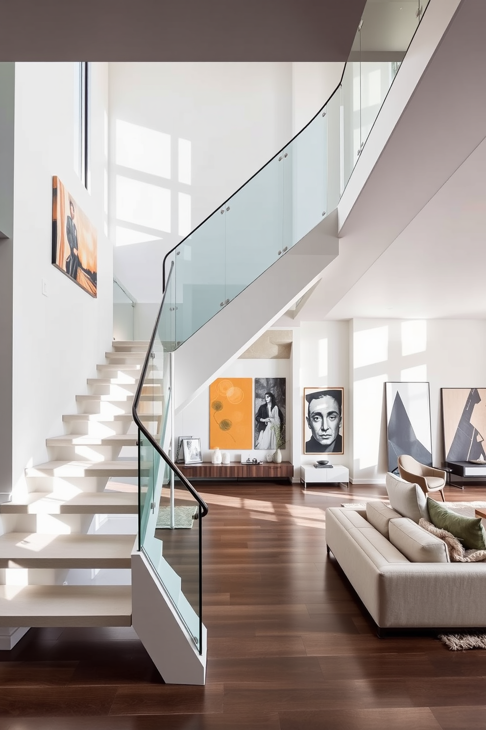 Contemporary staircase with geometric shapes. The staircase features a sleek design with sharp angles and a glass railing that allows natural light to flow through the space. Living room with stairs design ideas. The living room showcases an open layout with a statement staircase that integrates seamlessly into the overall aesthetic, adorned with modern art pieces and cozy seating arrangements.