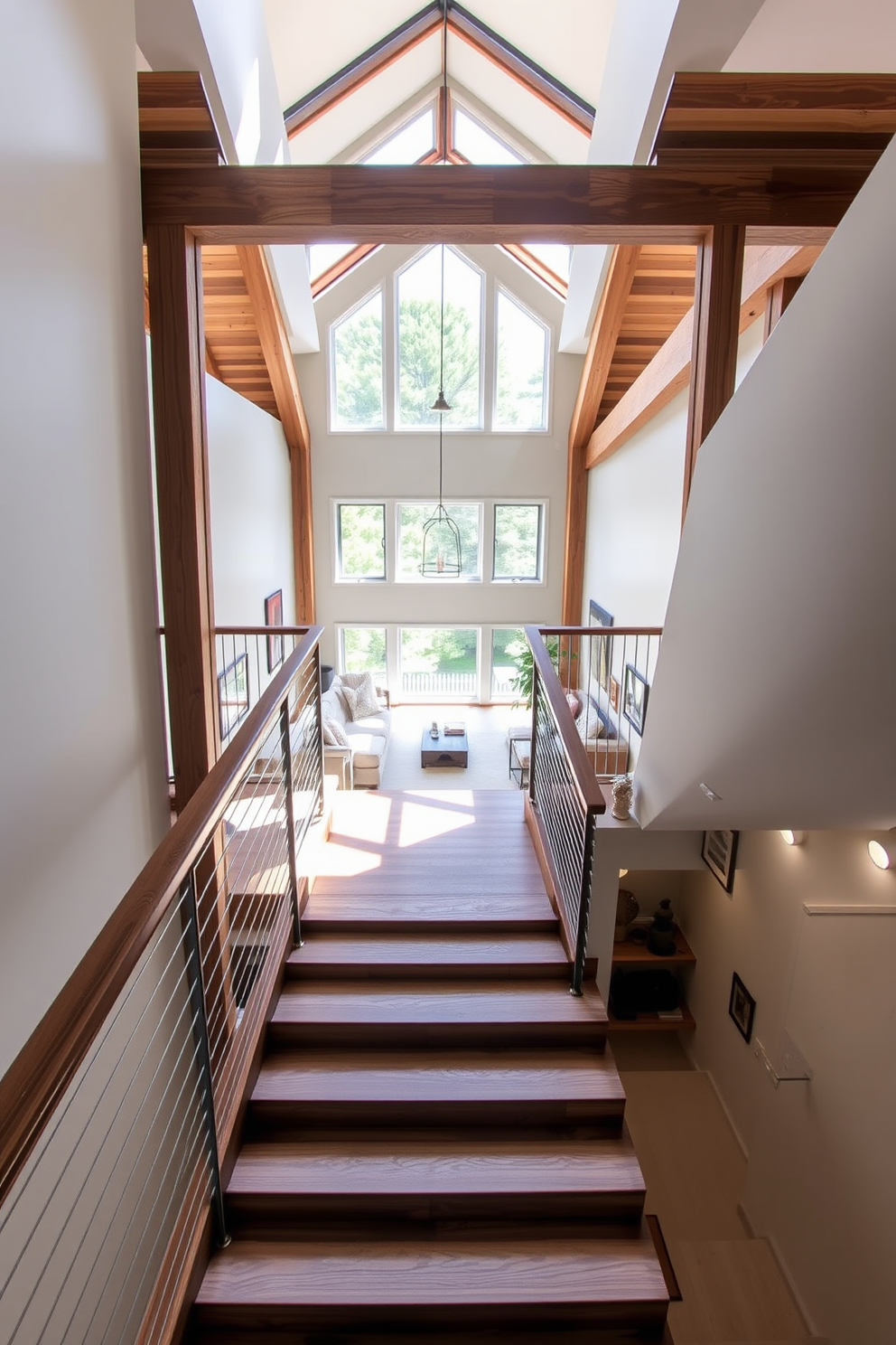 A grand staircase with integrated lighting fixtures gracefully ascends to the upper floor. The steps are made of polished oak, and sleek LED lights are embedded along the railing, casting a warm glow. The living room features an open design that seamlessly connects to the staircase. Plush sofas are arranged around a modern coffee table, with large windows allowing natural light to flood the space.