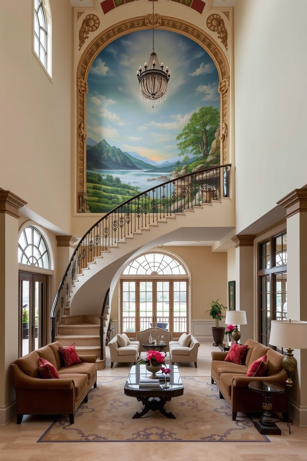 A grand staircase adorned with an intricate mural that depicts a serene landscape. The walls are painted in a soft cream color, complementing the vibrant hues of the mural. A spacious living room featuring an elegant staircase as a focal point. The area is furnished with plush sofas, a stylish coffee table, and large windows that invite natural light into the space.