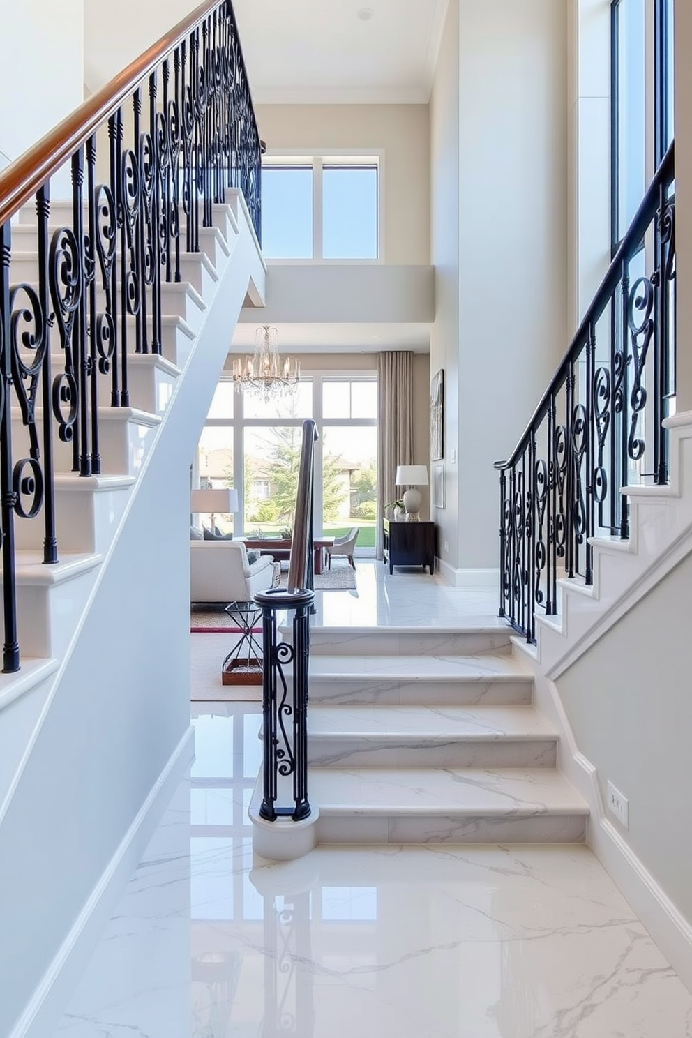 Elegant staircase with marble steps. The staircase features a sleek design with polished marble steps and a wrought iron railing that adds a touch of sophistication. Living room with stairs design ideas. The living room showcases an open layout with large windows, complemented by a stylish staircase that enhances the overall aesthetic of the space.