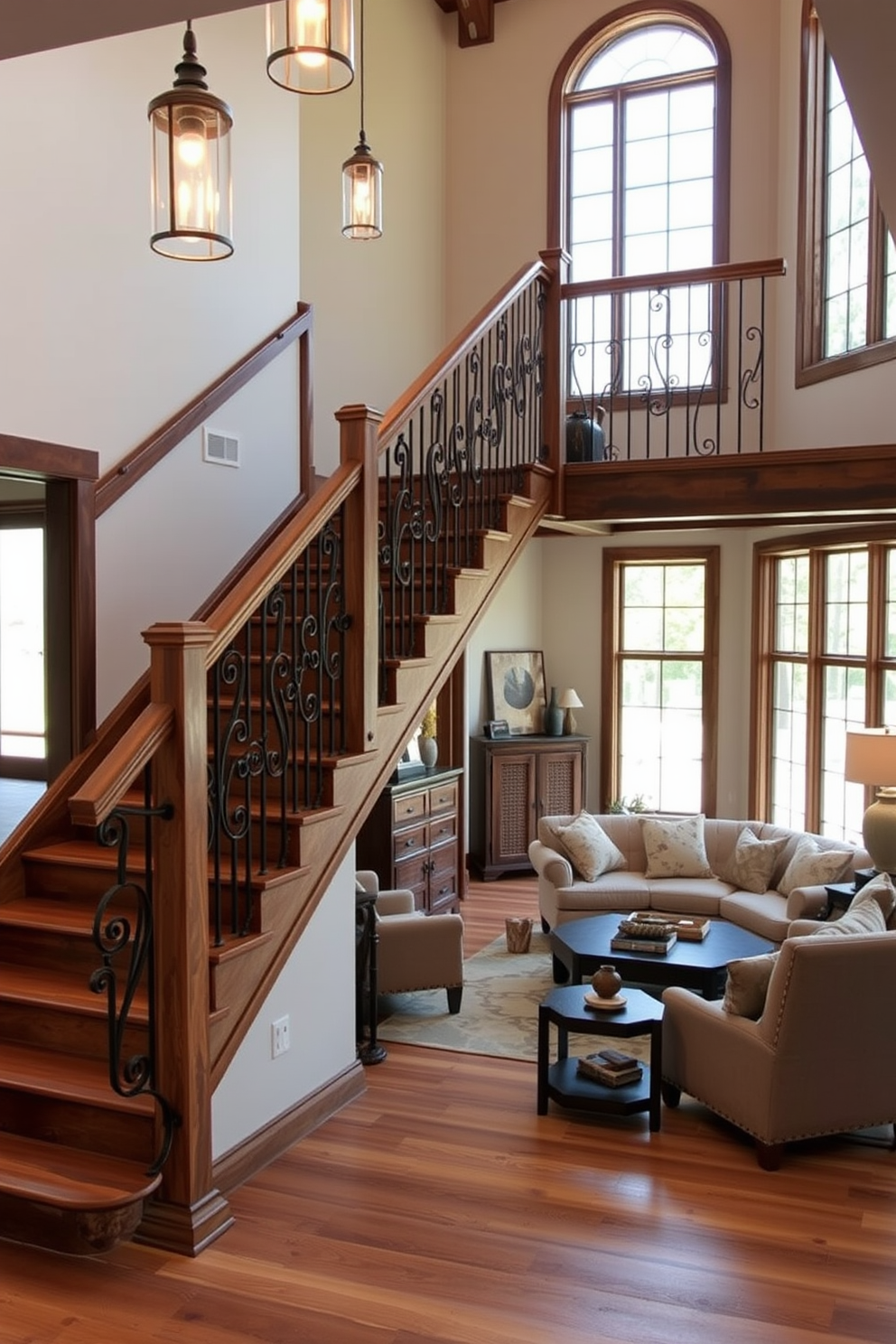 A rustic wooden staircase features intricate iron railings that add a touch of elegance to the natural wood. The staircase is illuminated by warm pendant lights that create a cozy atmosphere in the entryway. The living room showcases a harmonious blend of comfort and style with plush seating arranged around a central coffee table. Large windows allow natural light to flood the space, highlighting the rich textures of the wooden staircase and inviting a seamless connection between the two areas.