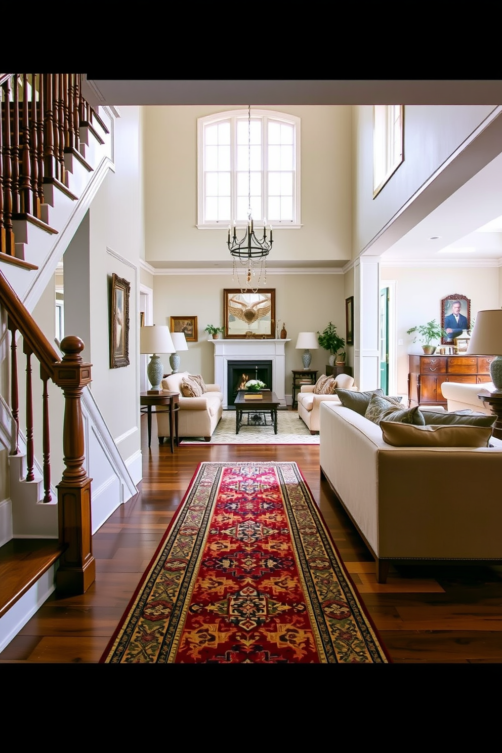 A grand staircase features a vintage rug runner that adds warmth and character to the space. The runner showcases intricate patterns that complement the wooden steps and banister. The living room is designed with an open layout that highlights the staircase as a focal point. Plush seating arrangements are positioned to create a cozy atmosphere while accentuating the staircase's elegance.