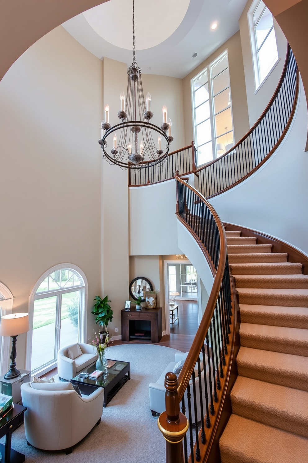 A stunning curved staircase gracefully ascends with an elegant chandelier hanging from the ceiling above. The staircase features a polished wooden railing and soft, neutral-toned carpeting that complements the surrounding decor. The living room showcases a harmonious blend of modern and classic design elements. Plush seating arrangements are positioned around a stylish coffee table, with large windows allowing natural light to flood the space.