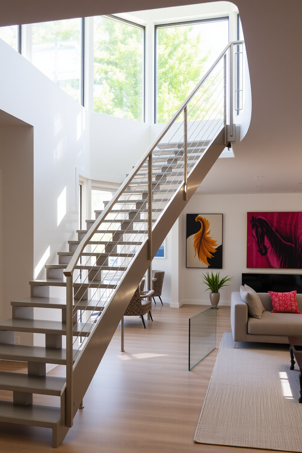 A minimalist staircase features a sleek metal finish with clean lines and an open design that enhances the sense of space. The staircase is illuminated by natural light streaming through large windows, creating a bright and airy atmosphere. In the living room, the design incorporates the staircase as a focal point, blending seamlessly with contemporary furnishings. A neutral color palette is used, accented by vibrant artwork on the walls to add warmth and character to the space.