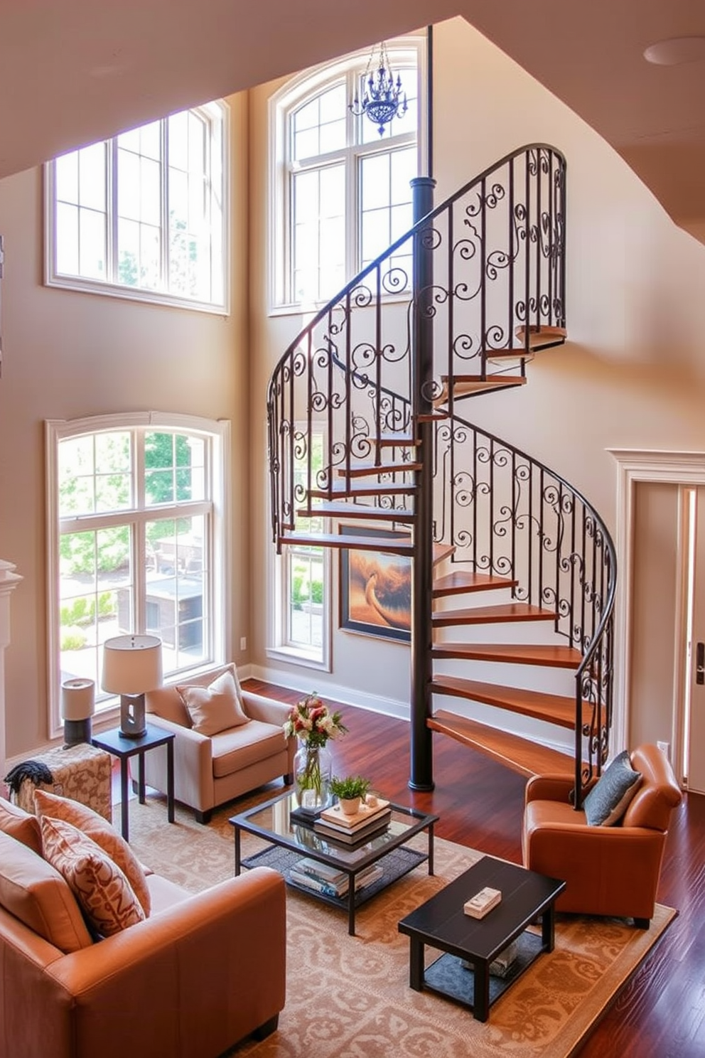 A grand staircase with built-in bookshelves flanks either side, showcasing a collection of books and decorative items. The wooden staircase features elegant railings that complement the overall design of the space. The living room is designed with a cozy atmosphere, featuring plush seating arranged around a stylish coffee table. Large windows allow natural light to flood the room, highlighting the staircase design and the curated bookshelf displays.