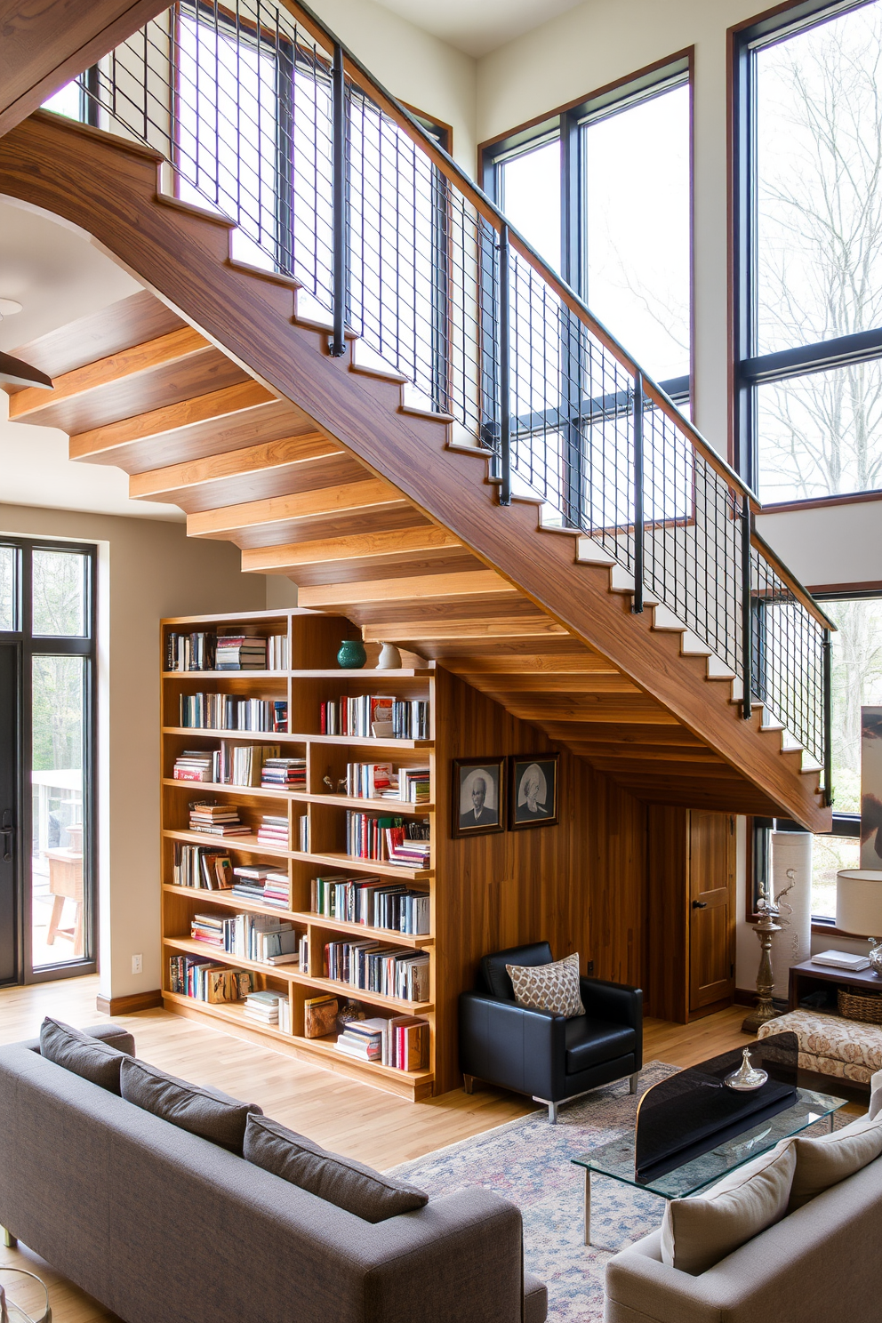 A colorful stair runner adds visual interest and warmth to the space. The runner features a vibrant pattern that complements the overall color scheme of the living room. The living room is designed with an open layout that allows for natural light to flow in. Plush seating arrangements and a coffee table create a welcoming atmosphere near the staircase.