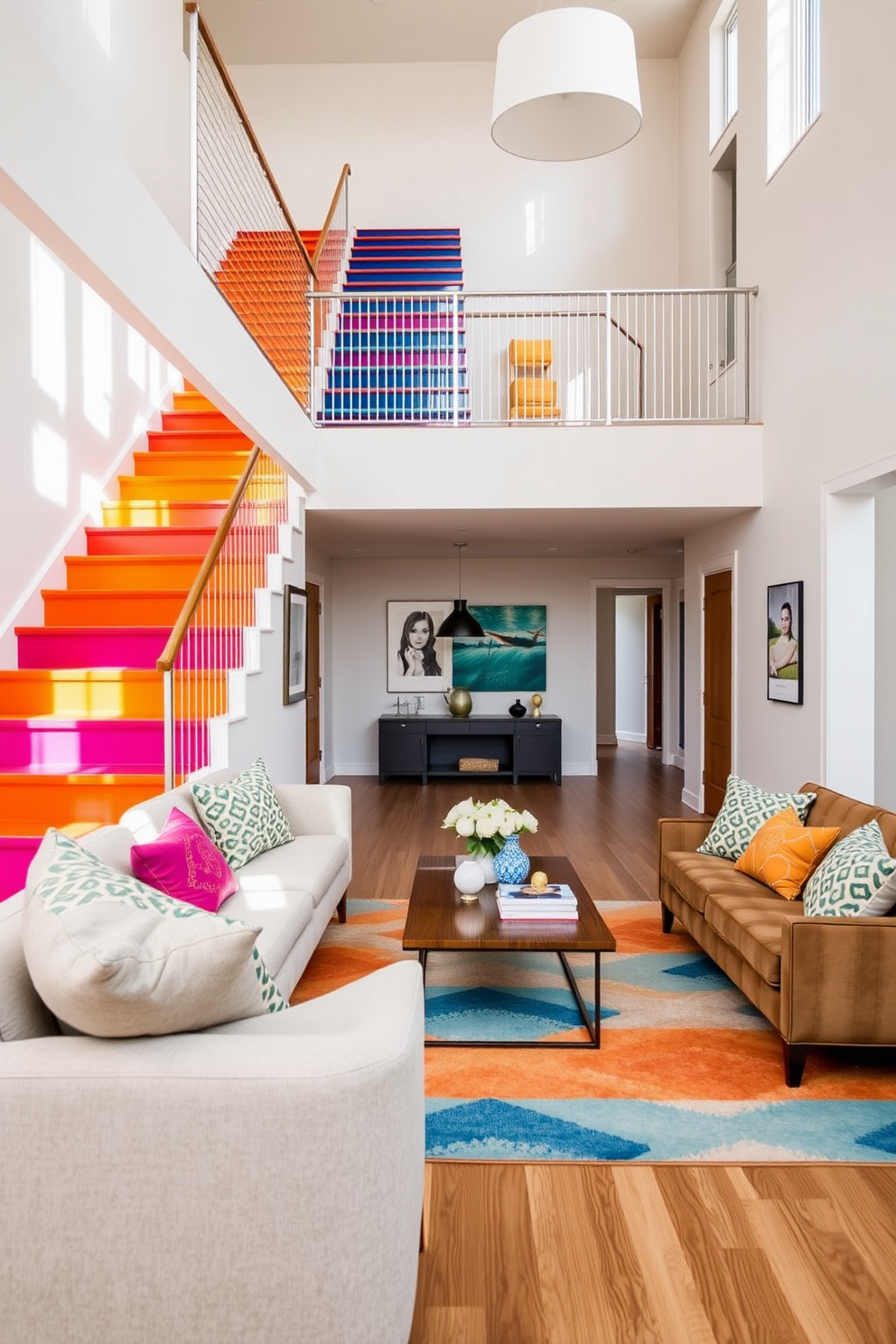 Brightly painted staircase with vibrant colors that create an inviting focal point. The steps are adorned with a playful pattern, and the handrail features a sleek modern design. Living room designed with an open layout that enhances natural light and flow. Plush seating arrangements surround a stylish coffee table, complemented by decorative throw pillows and a bold area rug.