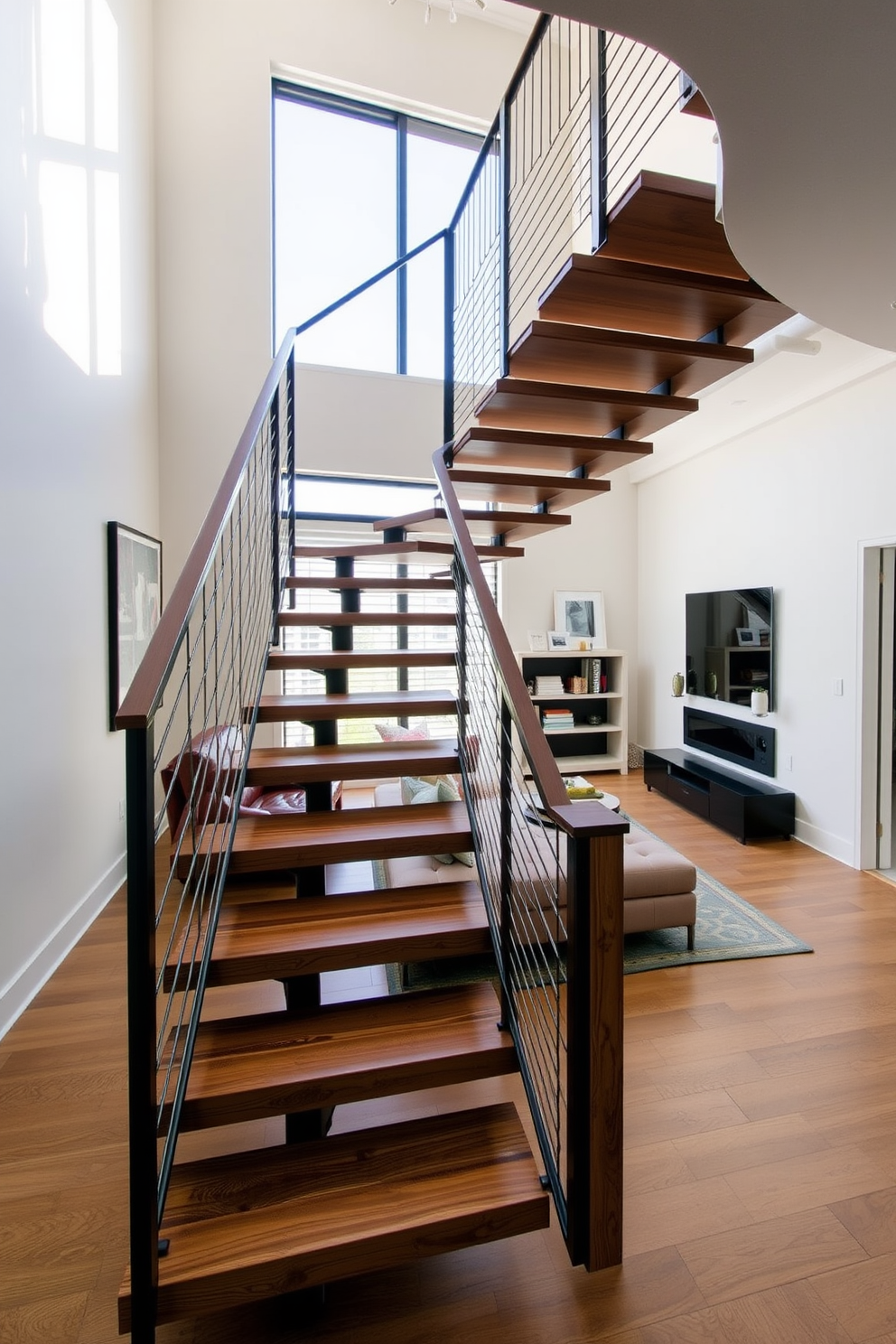 A contemporary staircase with open treads features sleek wooden steps that seem to float in mid-air. The staircase is illuminated by natural light streaming through a large window, highlighting the minimalist railing design. The living room boasts a modern aesthetic with a cozy seating arrangement centered around a stylish coffee table. A statement staircase with open treads serves as a dramatic focal point, seamlessly integrating the two levels of the home.