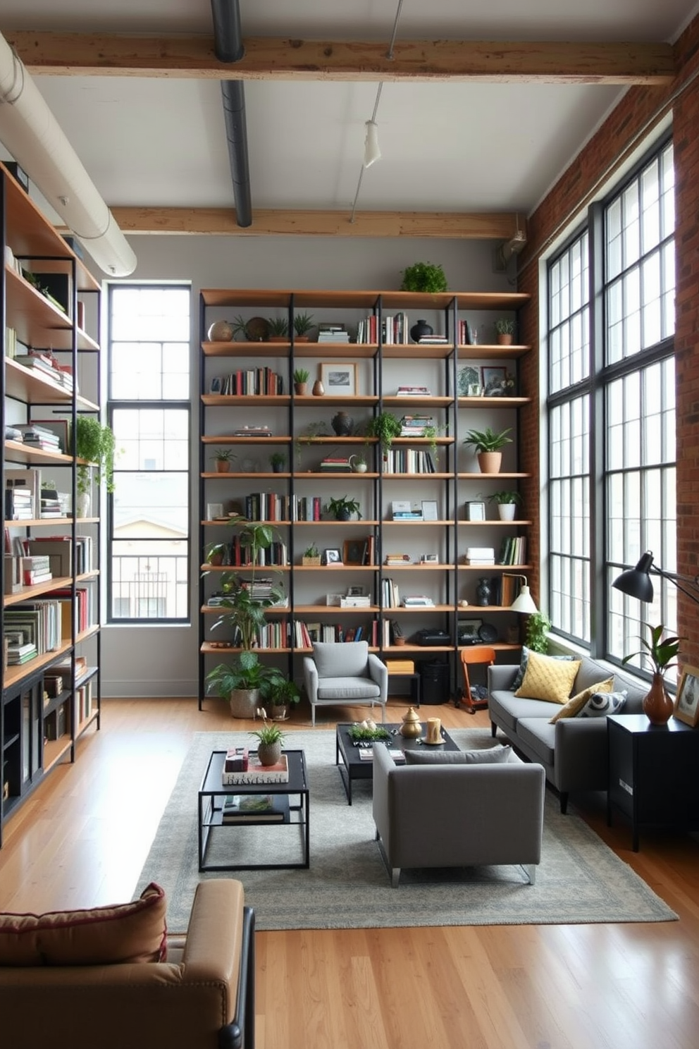 Open shelving creates an airy and spacious atmosphere in a loft apartment. The shelves are filled with a curated selection of books, plants, and decorative items, enhancing the overall aesthetic. The living area features large windows that flood the space with natural light. Industrial-style furniture complements the open shelving, adding character and warmth to the design.