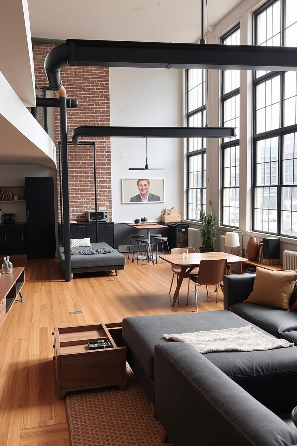 A stylish loft apartment with an open floor plan featuring multifunctional furniture that maximizes space. The living area includes a sleek sofa that converts into a bed and a coffee table with hidden storage compartments. In the dining area, a foldable table is paired with stackable chairs, allowing for easy transition from dining to entertaining. Large windows let in natural light, highlighting the industrial-style decor and warm wooden accents throughout the space.