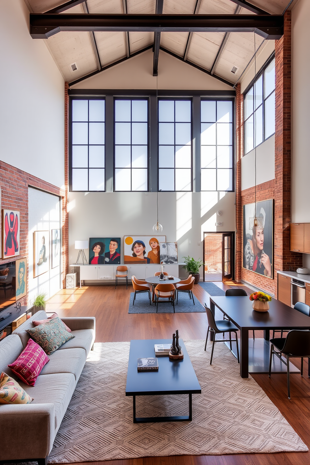 A cozy loft apartment featuring soft textiles that enhance comfort and style. Plush cushions in various textures adorn a large sectional sofa, while a knitted throw drapes elegantly over the armrest. Natural light floods the space through large windows, highlighting the warm tones of the wooden beams and floor. A stylish area rug anchors the seating area, adding warmth and inviting a relaxed atmosphere.