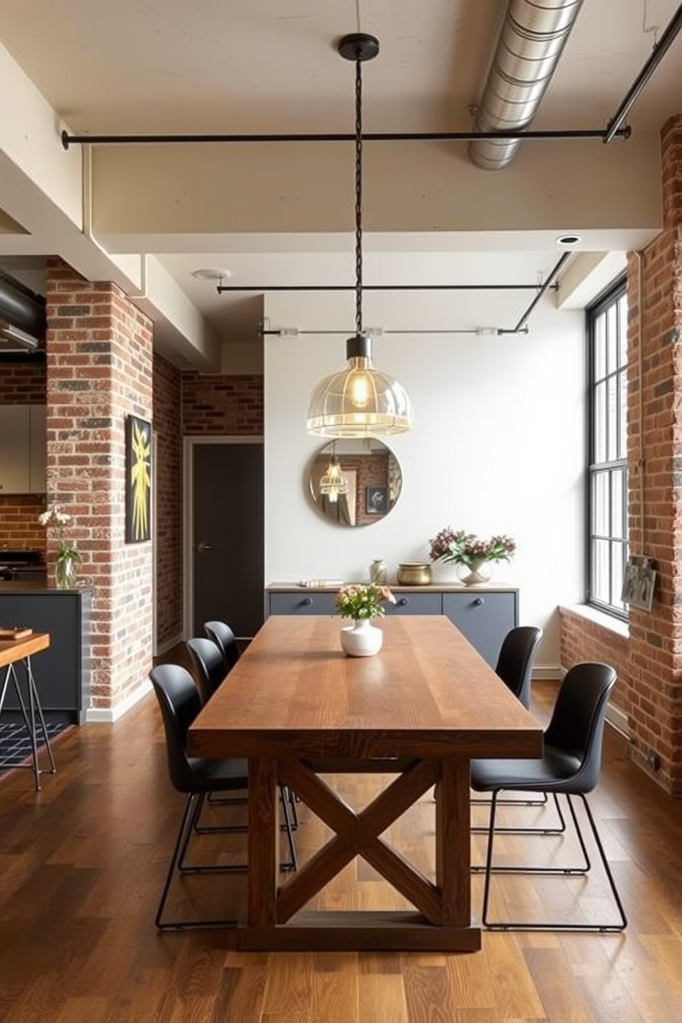 A stylish loft apartment dining area featuring elegant pendant lights suspended above a large wooden table. The space is adorned with industrial-style elements, such as exposed brick walls and metal accents, creating a warm and inviting atmosphere.