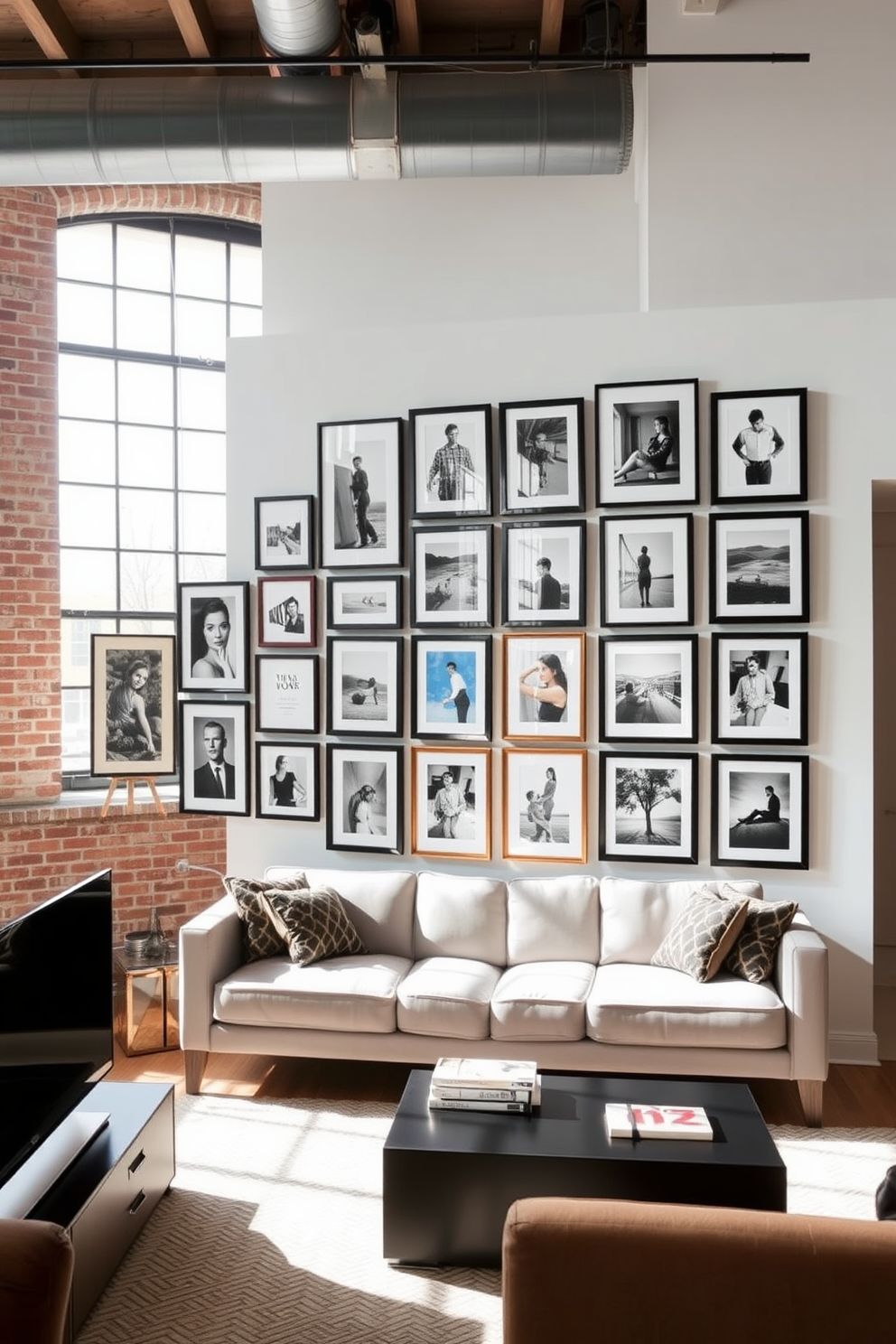 Create a gallery wall with an eclectic mix of framed photos in various sizes and styles. The wall features a combination of black and white images alongside colorful prints, arranged in a visually pleasing layout. In the background, the loft apartment showcases exposed brick walls and large windows allowing natural light to flood the space. The decor is minimalistic yet stylish, with a comfortable sofa and a sleek coffee table complementing the artistic display.