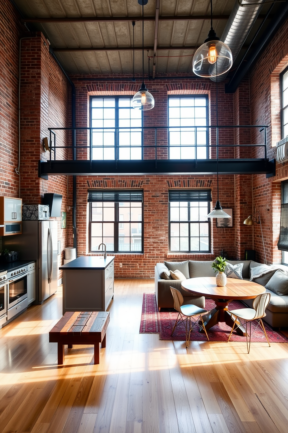 A spacious loft apartment featuring large floor-to-ceiling windows that flood the space with natural light. The open-plan layout includes a stylish living area with a plush sectional sofa and a sleek coffee table, complemented by a vibrant area rug. The design incorporates large mirrors strategically placed to enhance light and create an illusion of more space. A modern kitchen area with an island bar showcases stainless steel appliances and minimalist cabinetry, seamlessly blending functionality with aesthetics.