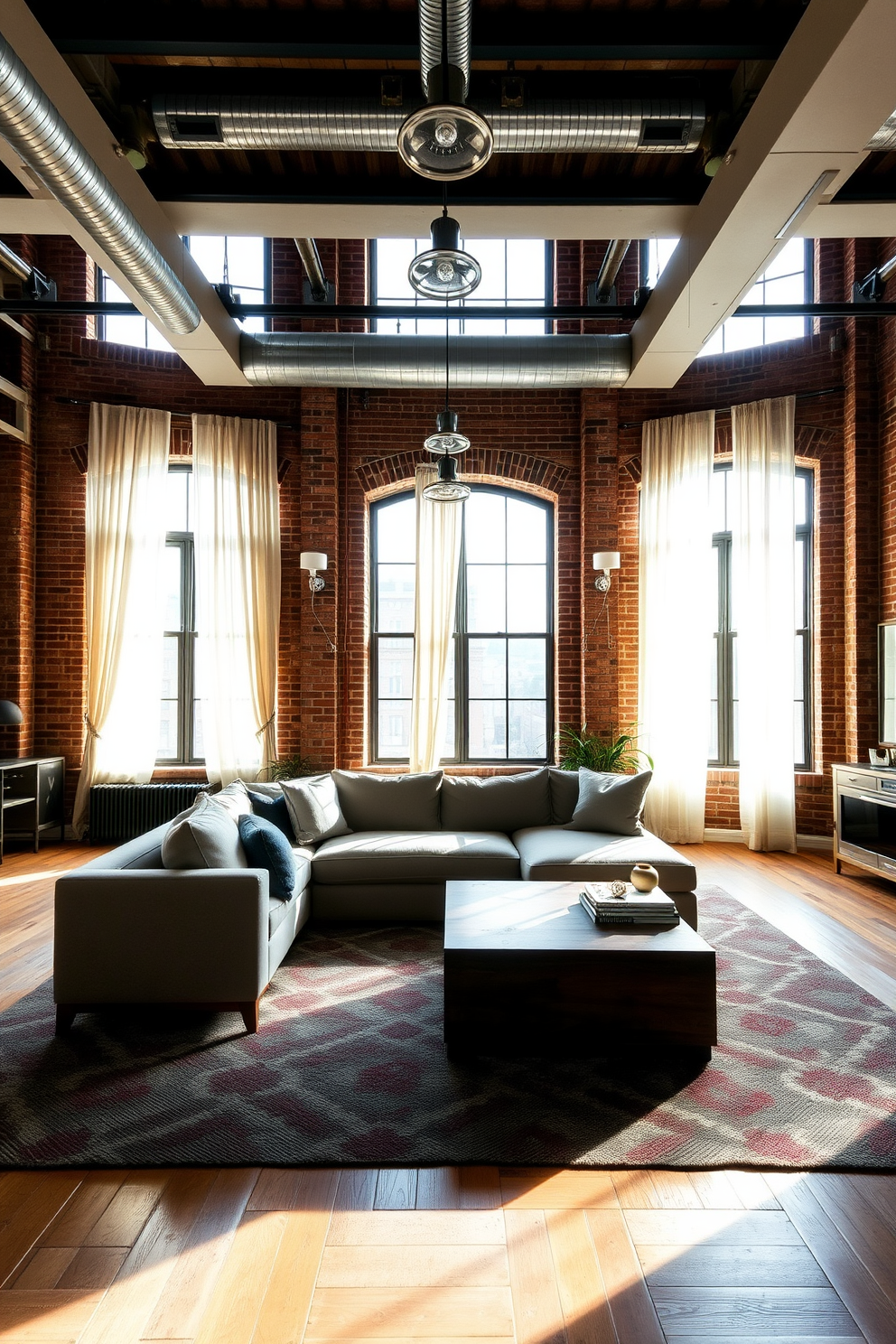 A stylish loft apartment featuring an open floor plan with high ceilings and exposed brick walls. Large windows allow natural light to flood the space, while sheer curtains gently frame the openings, adding warmth and softness. The living area includes a plush sectional sofa paired with a modern coffee table made of reclaimed wood. Industrial-style lighting fixtures hang from the ceiling, complementing the overall aesthetic of urban chic.