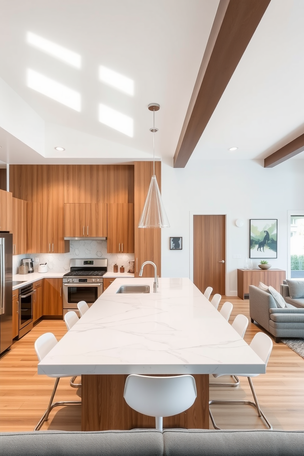 A stylish loft apartment features an open layout with distinct areas defined by chic area rugs. Each rug complements the overall decor, adding warmth and texture while enhancing the unique character of the space.