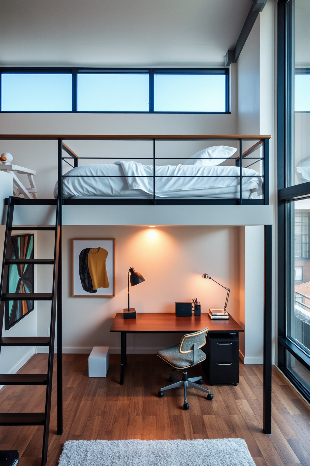 A stylish loft apartment featuring a cozy loft bed positioned above a minimalist workspace. The space below includes a sleek desk and a comfortable chair, with warm lighting creating an inviting atmosphere. The walls are adorned with contemporary artwork that adds a pop of color to the neutral palette. Large windows allow natural light to flood the room, enhancing the open feel of the design.