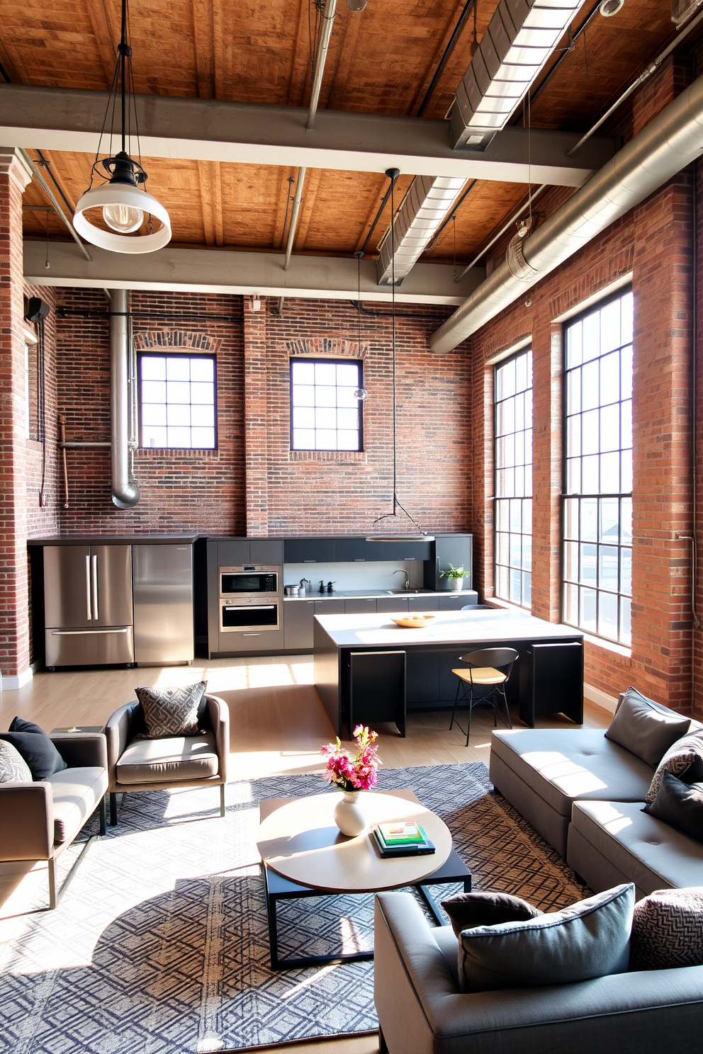 A spacious loft apartment features exposed brick walls and large windows that allow natural light to flood the space. Industrial lighting fixtures hang from the ceiling, adding a modern touch while complementing the raw aesthetic of the apartment. The open-concept living area includes a sleek kitchen with stainless steel appliances and a large island for entertaining. Cozy seating arrangements are positioned around a stylish coffee table, creating an inviting atmosphere for relaxation.