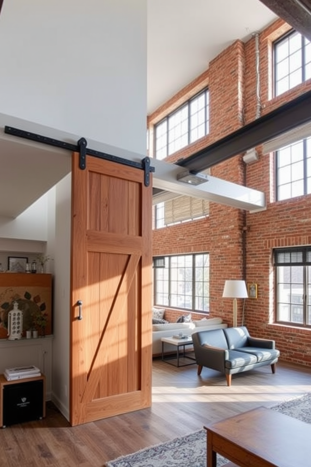 A stylish loft apartment featuring a sliding barn door that adds a touch of rustic charm. The open living space includes exposed brick walls and large windows that flood the area with natural light.