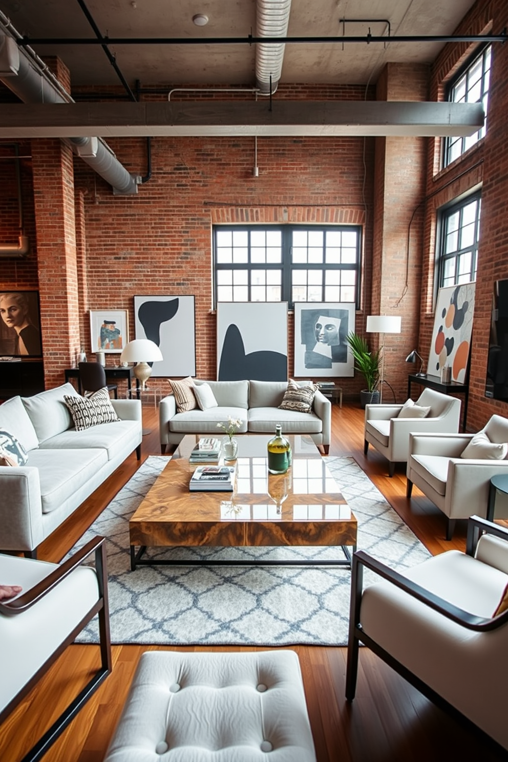 A spacious loft apartment featuring an oversized coffee table as the centerpiece. The coffee table is surrounded by a plush sectional sofa and stylish armchairs, creating a cozy seating area. The walls are adorned with exposed brick, adding character and warmth to the space. Large windows allow natural light to flood in, highlighting the modern art pieces displayed throughout the room.