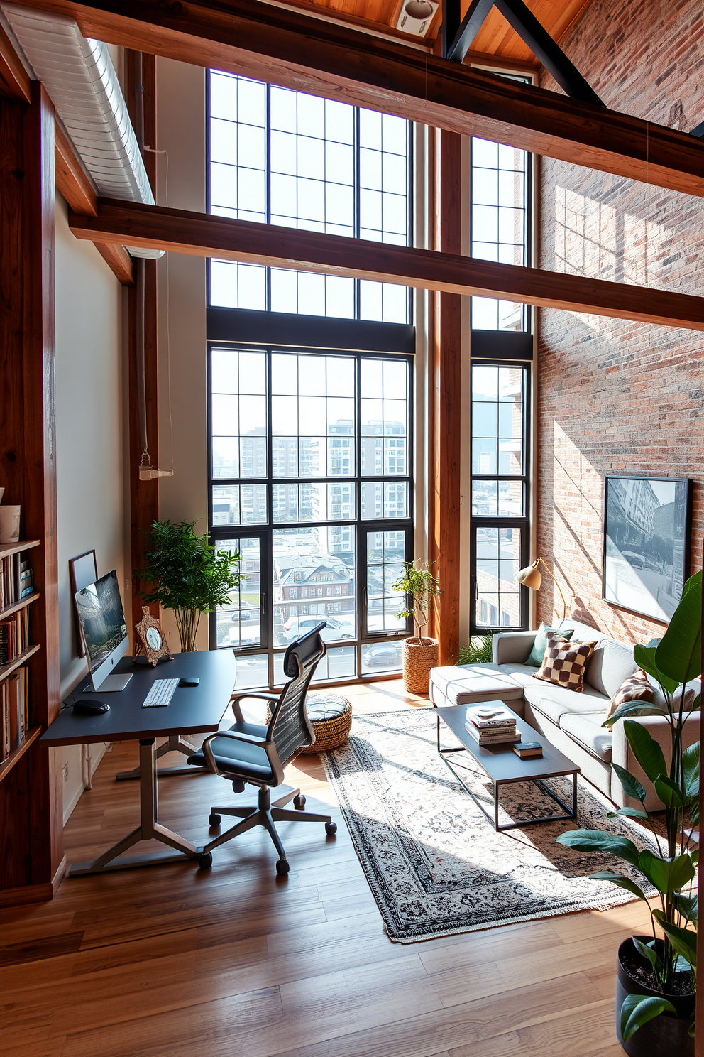 A stylish loft apartment featuring an open-plan layout with high ceilings and large windows that allow natural light to flood the space. In one corner, a modern workspace is set up with a sleek desk and ergonomic chair, complemented by a bookshelf filled with curated decor and books. The living area is adorned with a plush sectional sofa and a statement coffee table, creating an inviting atmosphere for relaxation. Warm wooden accents and a soft area rug define the space, while potted plants add a touch of greenery and freshness to the design.