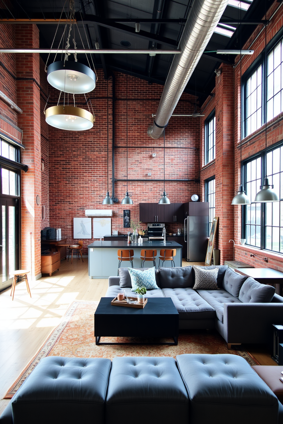 A modern loft apartment with an open floor plan showcasing cohesive decor throughout. The living area features a mix of industrial elements and warm wood accents, with a plush sectional sofa and a large area rug that ties the space together. The kitchen area boasts sleek stainless steel appliances and a large island with bar seating, seamlessly blending functionality and style. Floor-to-ceiling windows flood the space with natural light, highlighting the curated artwork and decorative plants that enhance the overall aesthetic.