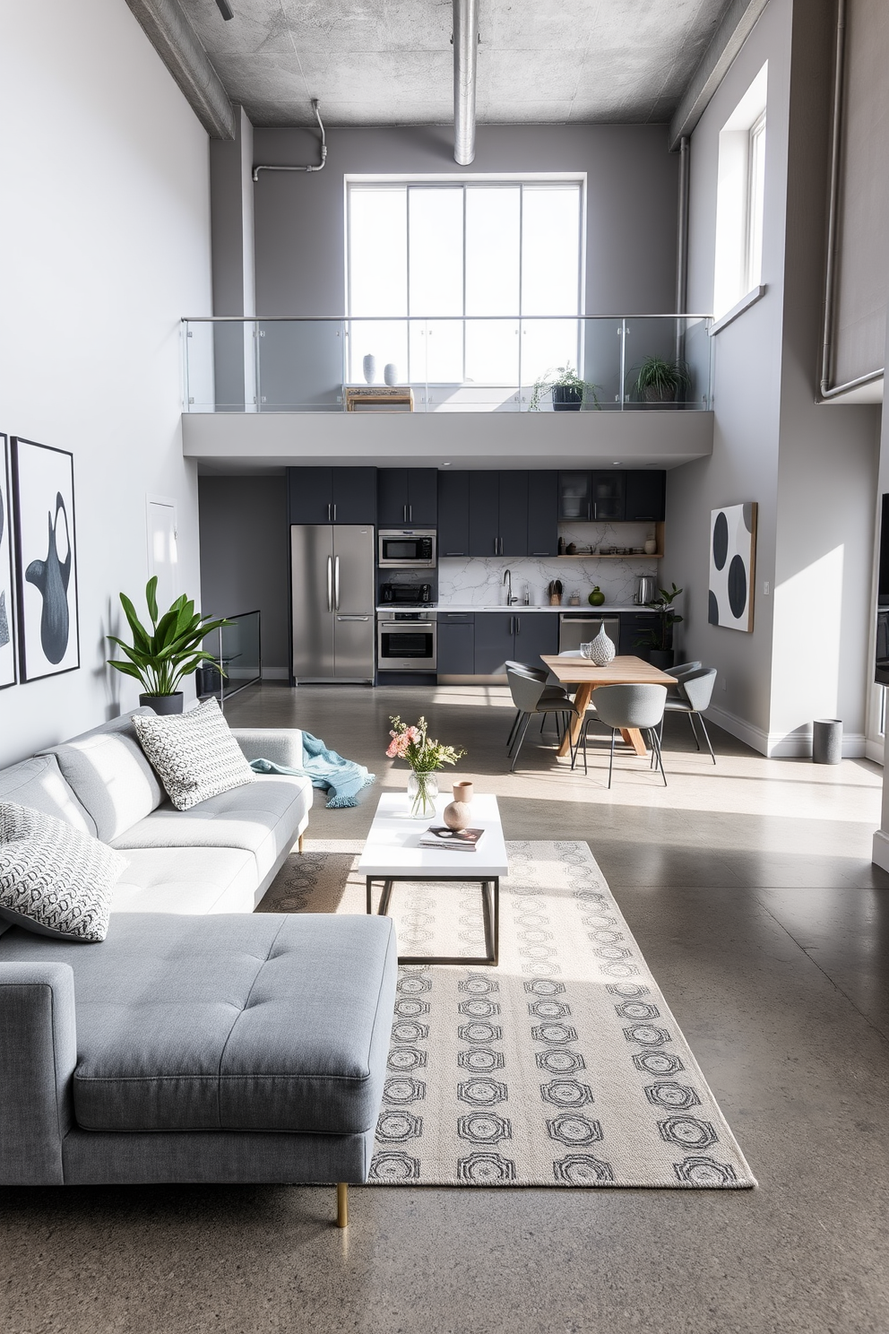 A chic loft apartment featuring a monochromatic color scheme with varying shades of gray. The open living space includes a sleek gray sofa adorned with textured cushions and a minimalist coffee table in the center. The kitchen area showcases gray cabinetry with stainless steel appliances, complemented by a white marble backsplash. A large window allows natural light to flood the space, highlighting the polished concrete floors. In the dining nook, a modern gray dining table is surrounded by stylish chairs, creating an inviting atmosphere. Decorative elements such as abstract art pieces and potted plants add subtle pops of interest throughout the apartment.