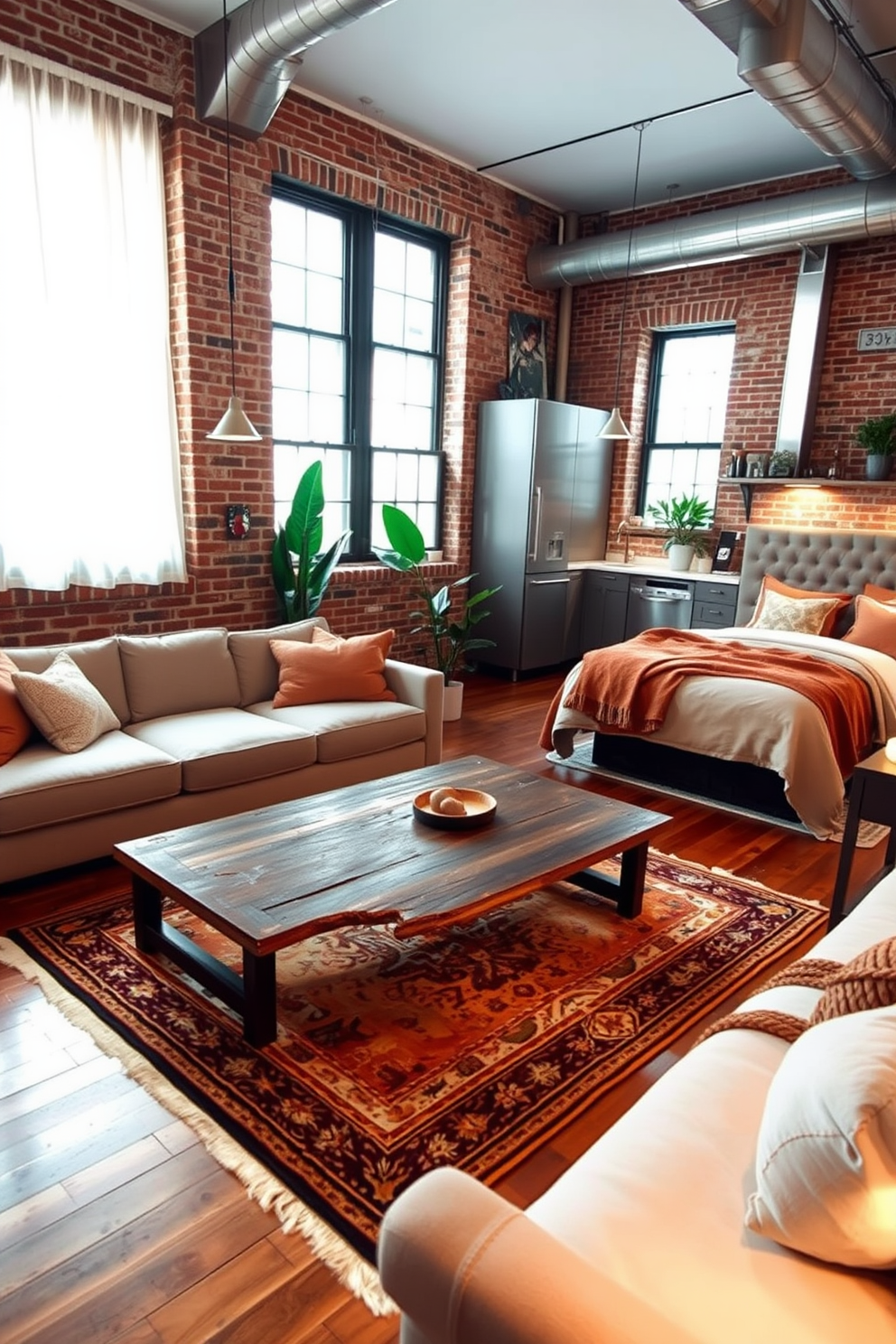 A spacious loft apartment featuring warm wood tones throughout the space. Large windows allow natural light to flood in, highlighting the rich textures of the wooden beams and flooring. The open floor plan seamlessly integrates the living area with a cozy reading nook. A plush sofa adorned with soft cushions complements a rustic coffee table made from reclaimed wood.