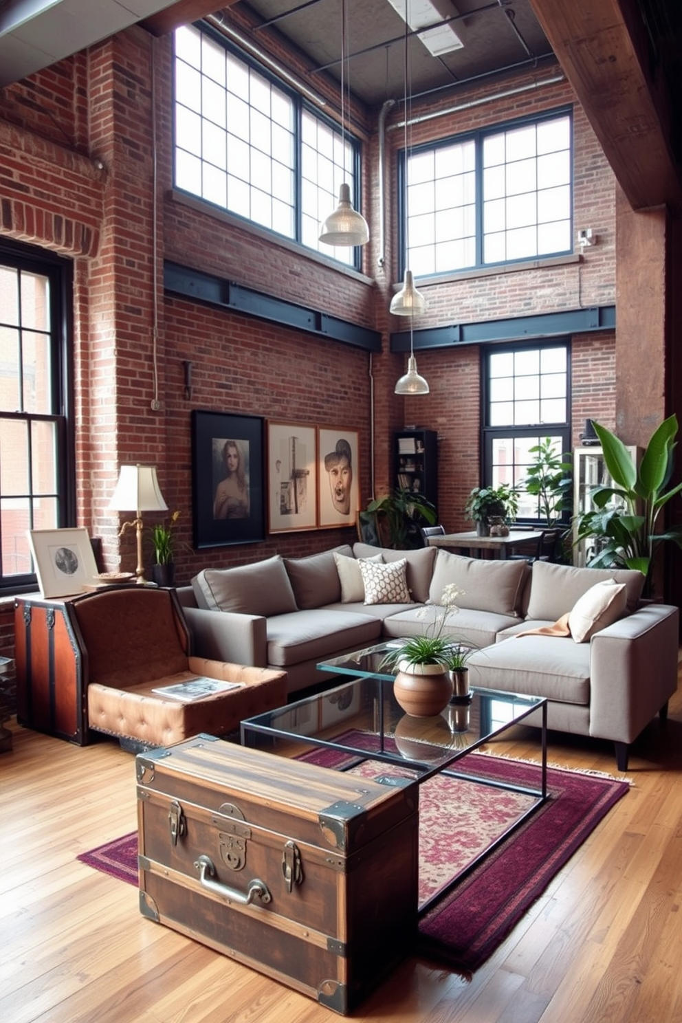 A stylish loft apartment featuring an open floor plan with exposed brick walls and large industrial windows. In one corner, a vintage trunk serves as both a storage solution and a unique coffee table, adding character to the space. The living area is adorned with a plush sectional sofa and a sleek glass coffee table, creating a cozy yet modern atmosphere. Soft lighting from pendant fixtures hangs above, illuminating the eclectic mix of artwork and decorative plants throughout the room.