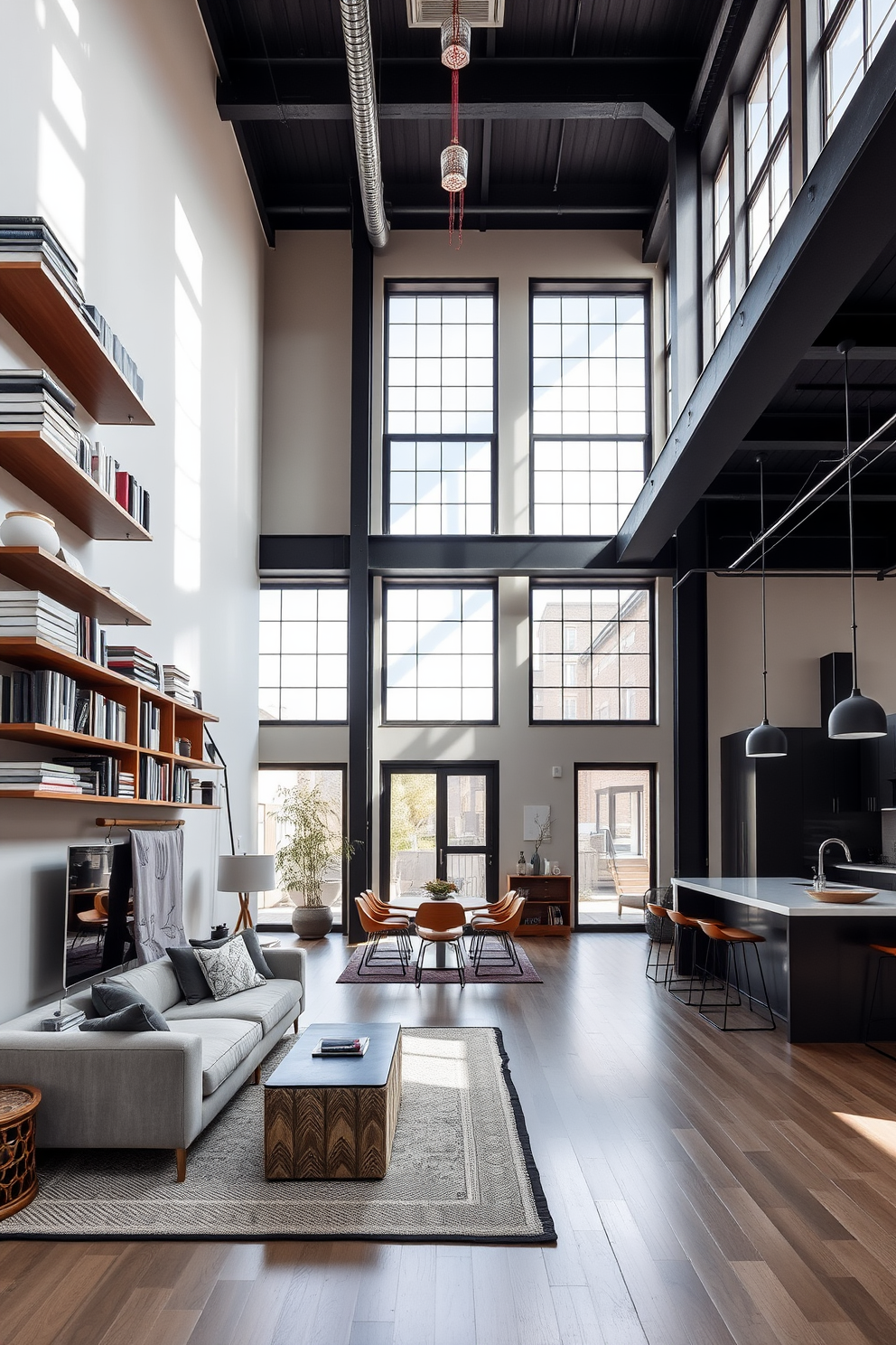 A modern loft apartment featuring open spaces and natural light. The living area showcases wall-mounted shelves filled with books and decorative items, maximizing vertical space while maintaining an airy feel. The kitchen blends seamlessly with the living area, featuring sleek cabinetry and a large island with bar stools. Large windows allow sunlight to flood the space, highlighting the minimalist decor and industrial elements throughout.