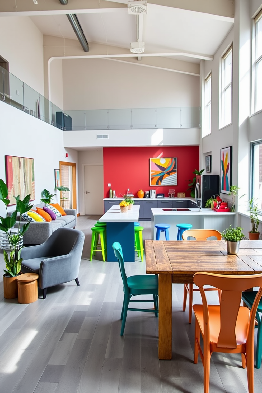 A functional workspace bathed in natural light. The room features a large window with sheer curtains, allowing sunlight to flood the space and illuminate a sleek wooden desk. On the desk sits a modern computer setup alongside stylish stationery and a small potted plant. The walls are adorned with minimalist artwork, and the floor is finished with warm hardwood, creating an inviting atmosphere.