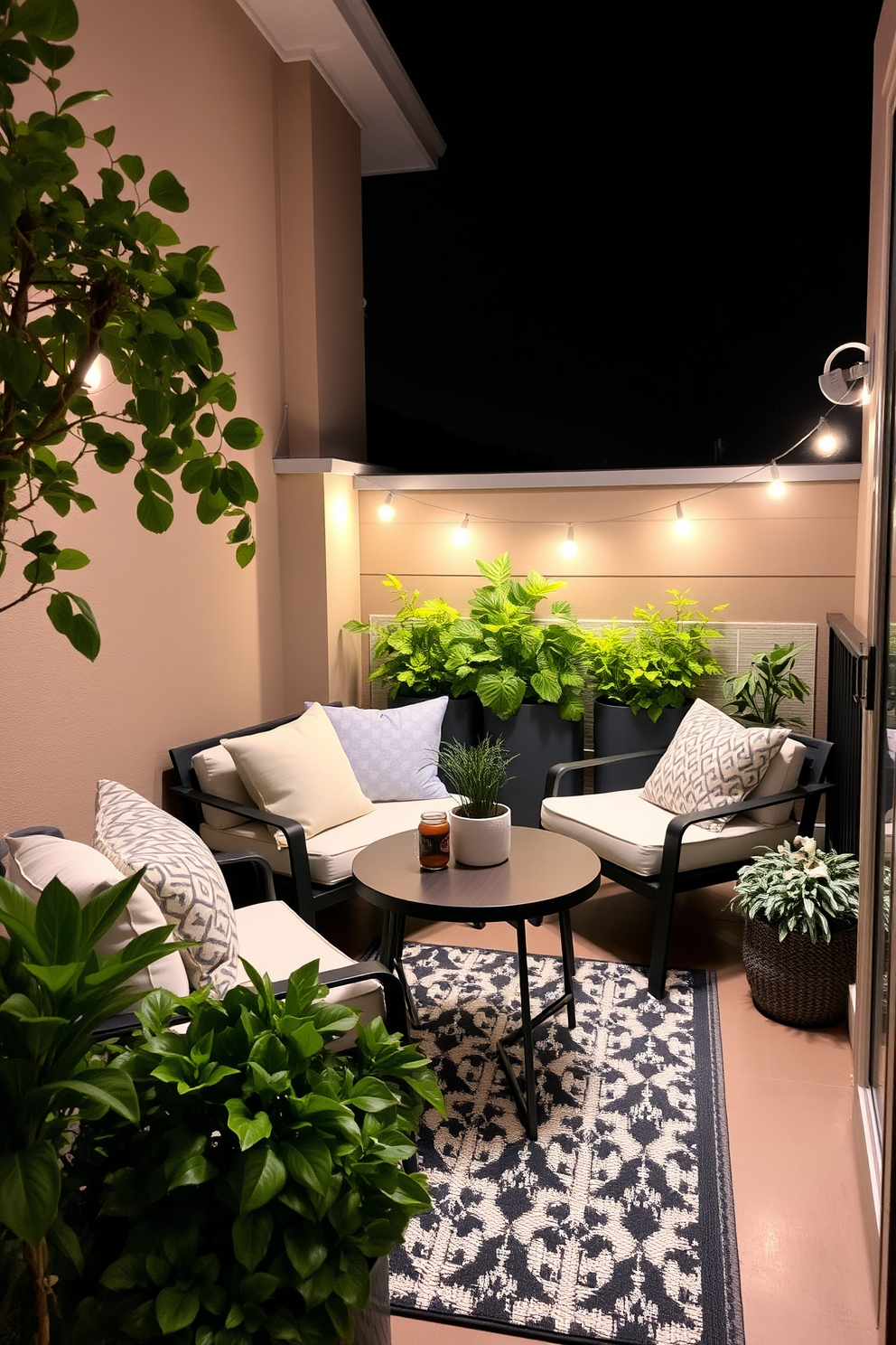 A stylish outdoor balcony featuring a cozy seating area with plush cushions and a low coffee table. The balcony is adorned with potted plants and a vibrant rug, creating an inviting atmosphere for relaxation.