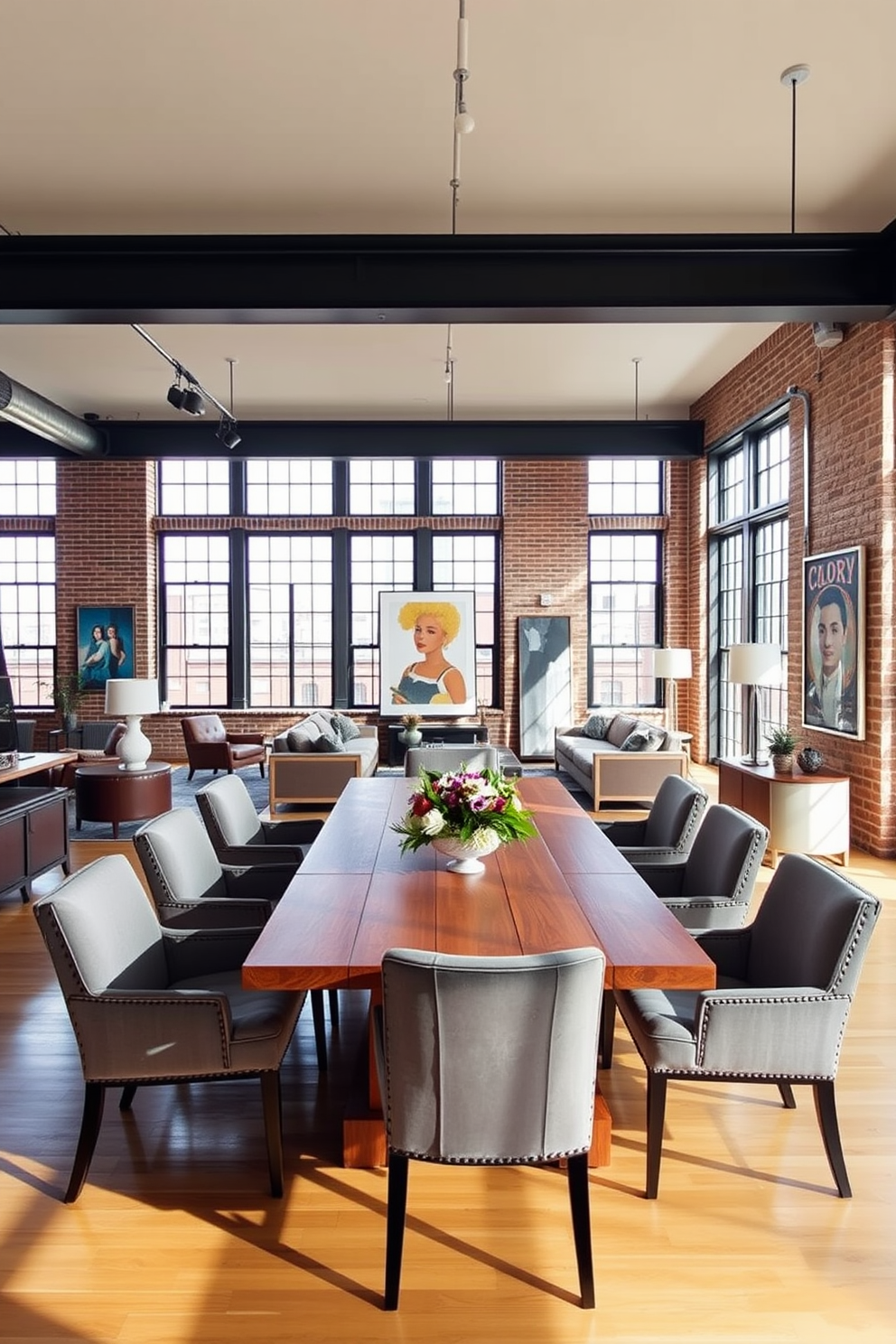 A spacious loft apartment featuring an expansive dining area with a large wooden dining table surrounded by stylish upholstered chairs. The table is adorned with a centerpiece of fresh flowers, and large windows allow natural light to flood the space, highlighting the open floor plan. The living area is designed with a mix of contemporary and industrial elements, showcasing exposed brick walls and high ceilings. A cozy seating arrangement with a plush sofa and accent chairs invites relaxation, while unique artwork adds character to the walls.