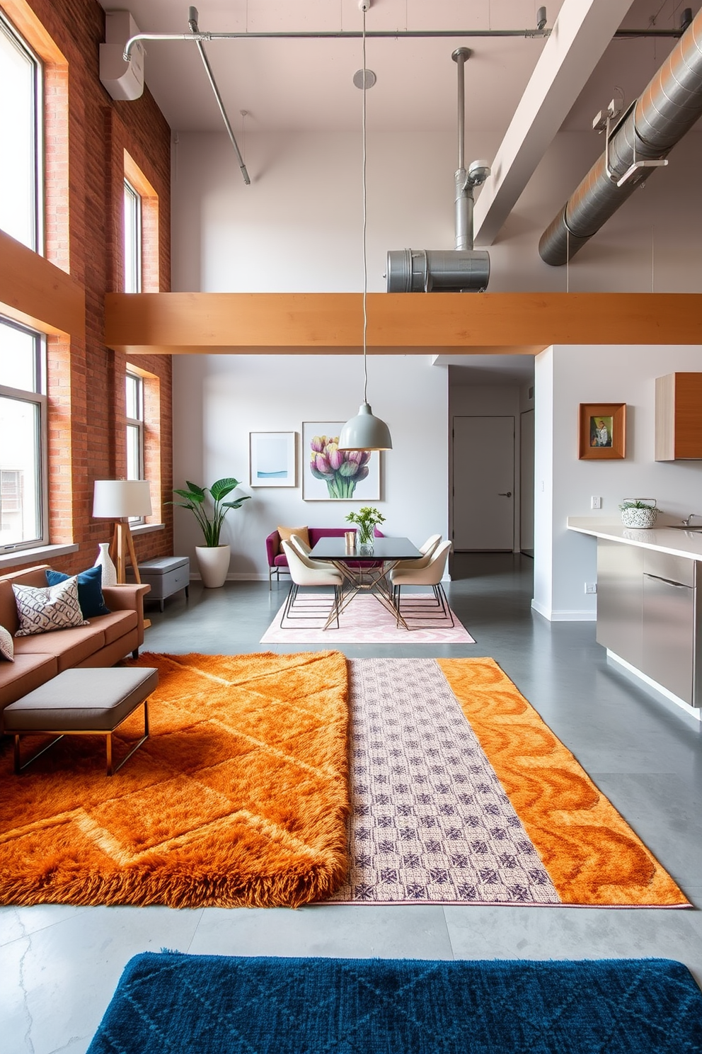 A spacious loft apartment featuring minimalist furniture that enhances the open layout. The living area includes a sleek sectional sofa in a neutral tone, accompanied by a glass coffee table and a simple area rug. The kitchen showcases clean lines with white cabinetry and stainless steel appliances. A large island with bar stools provides a casual dining space, while large windows allow natural light to flood the room.