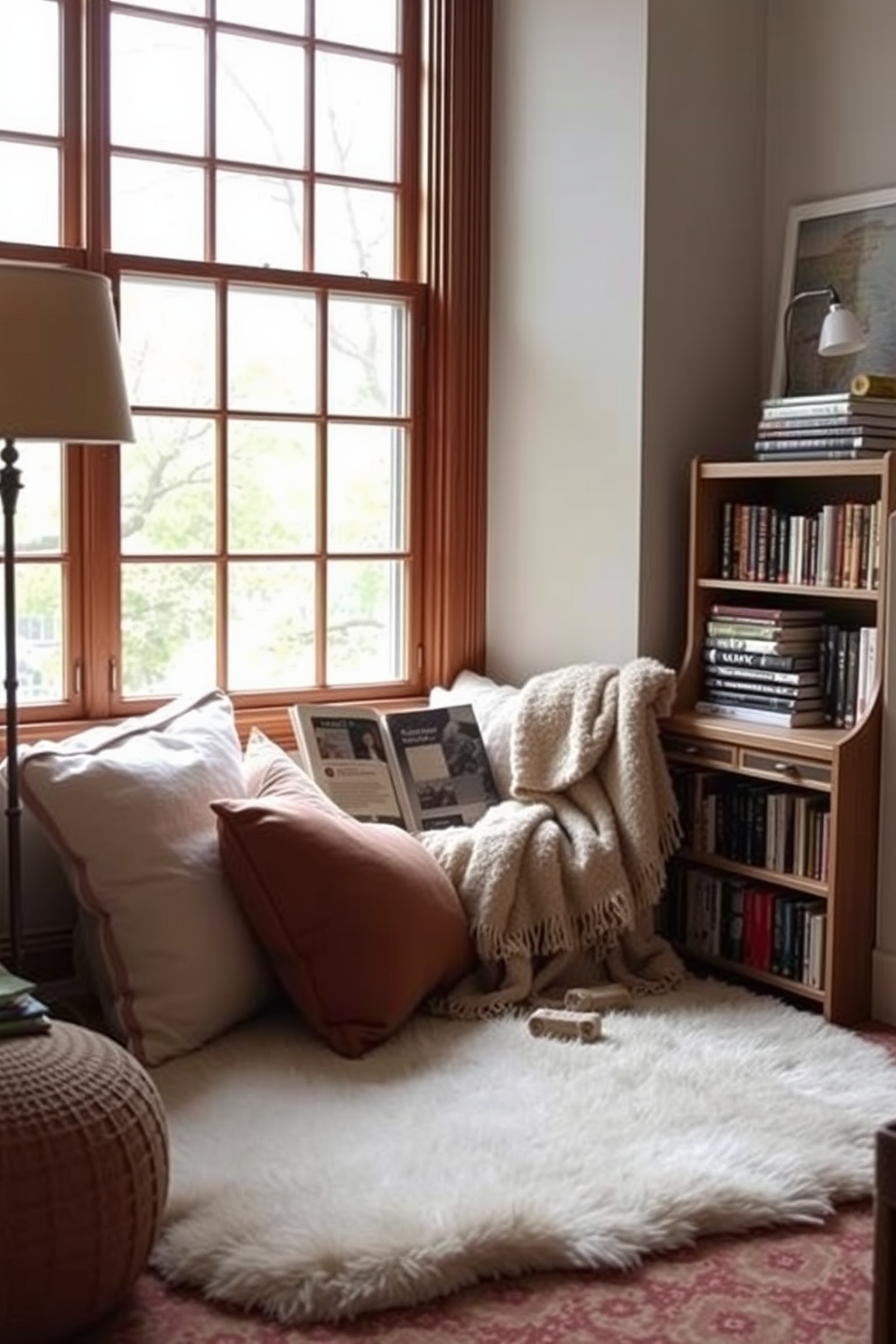 Create a cozy reading nook with plush cushions and a soft throw blanket. A large window lets in natural light, and a small bookshelf filled with favorite novels sits nearby.