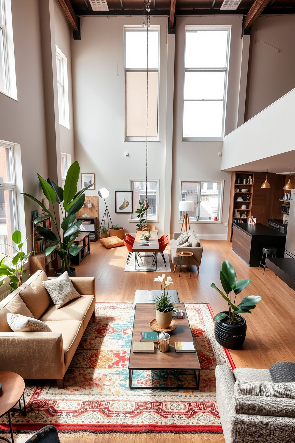 A stylish loft apartment featuring an open floor plan with high ceilings and large windows that allow natural light to flood the space. The living area includes a plush sectional sofa facing a modern coffee table, with a vibrant area rug anchoring the seating arrangement. In one corner, a tall indoor plant adds a touch of greenery, while shelves filled with books and decorative items line the walls. The kitchen boasts sleek cabinetry and a central island with bar stools, creating an inviting space for entertaining. A dining area with a rustic wooden table is positioned near the windows, surrounded by comfortable chairs and additional potted plants. The overall color palette combines warm neutrals with pops of color from artwork and accessories, enhancing the loft's contemporary aesthetic.