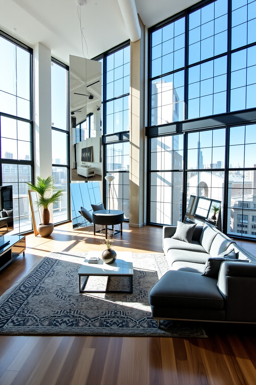 A spacious loft apartment filled with natural light. Large floor-to-ceiling windows illuminate the open living area, showcasing a blend of modern and industrial design elements. Incorporate multiple mirrors strategically placed to reflect the light and create an airy atmosphere. The living space features a sleek sectional sofa, a minimalist coffee table, and a stylish rug that ties the room together.