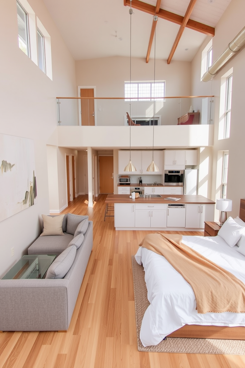 A spacious loft apartment features an open floor plan with high ceilings and large windows that allow natural light to flood the space. The walls are painted in soft beige tones, while the flooring consists of light oak hardwood that adds warmth to the environment. The living area includes a comfortable sectional sofa in a muted gray fabric, complemented by a sleek glass coffee table. A large abstract painting in neutral shades hangs above the sofa, creating a focal point that enhances the modern aesthetic. In the kitchen, minimalist cabinetry in white and gray provides ample storage, and a large island with bar seating invites casual dining. Pendant lights with a brushed nickel finish hang above the island, adding a touch of elegance to the functional space. The bedroom features a plush king-sized bed with crisp white linens and a soft beige throw blanket, creating a serene retreat. A pair of bedside tables in a natural wood finish flanks the bed, each topped with stylish lamps that provide soft illumination.