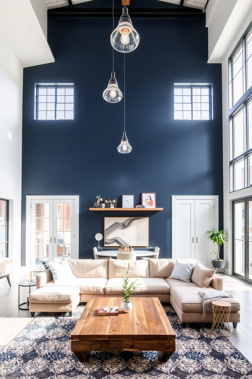 A stylish loft apartment featuring an open floor plan with high ceilings and large windows that allow natural light to flood the space. The statement wall is painted in a bold navy blue, contrasting beautifully with the light-colored furniture and decor. The living area includes a plush sectional sofa in a neutral tone, paired with a modern coffee table made of reclaimed wood. Industrial-style pendant lights hang above, adding a touch of urban sophistication to the overall design.