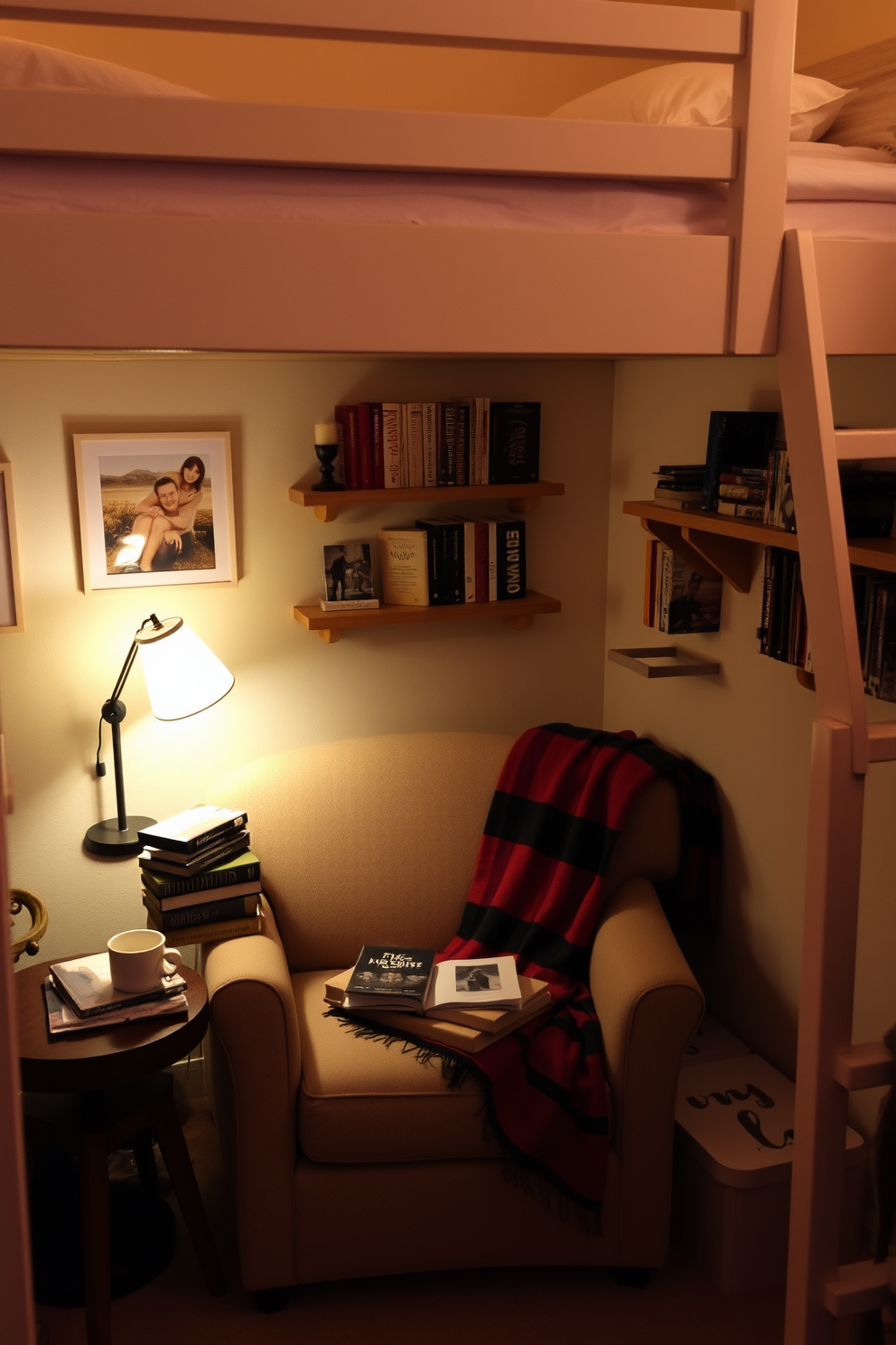 A cozy reading nook is nestled beneath a loft bed, featuring a plush armchair upholstered in soft fabric. A small side table holds a stack of books and a warm cup of tea, while soft lighting from a nearby lamp creates an inviting atmosphere. The walls are adorned with shelves filled with books and personal mementos, adding character to the space. A colorful throw blanket drapes over the armchair, inviting you to settle in for a long read.