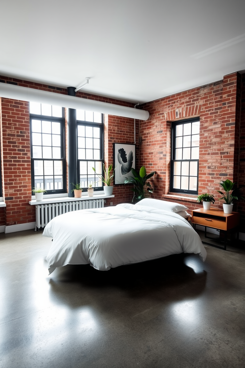 A spacious loft bedroom featuring minimalist decor that emphasizes clean lines and a serene atmosphere. The room is adorned with a low-profile bed dressed in crisp white linens, complemented by a simple wooden nightstand on one side. Large windows allow natural light to flood the space, highlighting the exposed brick walls and polished concrete floor. A few potted plants add a touch of greenery, while a single piece of abstract art hangs above the bed for visual interest.