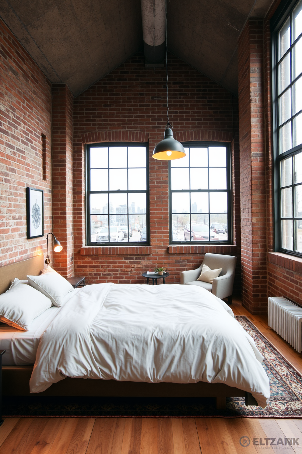 A loft bedroom with exposed brick walls and large windows allowing natural light to flood the space. The room features a plush king-sized bed dressed in soft linens, with a stylish area rug underneath to add warmth and texture. In one corner, a cozy reading nook is created with a comfortable armchair and a small side table. Ambient warm lighting from hanging pendant lamps enhances the inviting atmosphere, making it an ideal retreat.