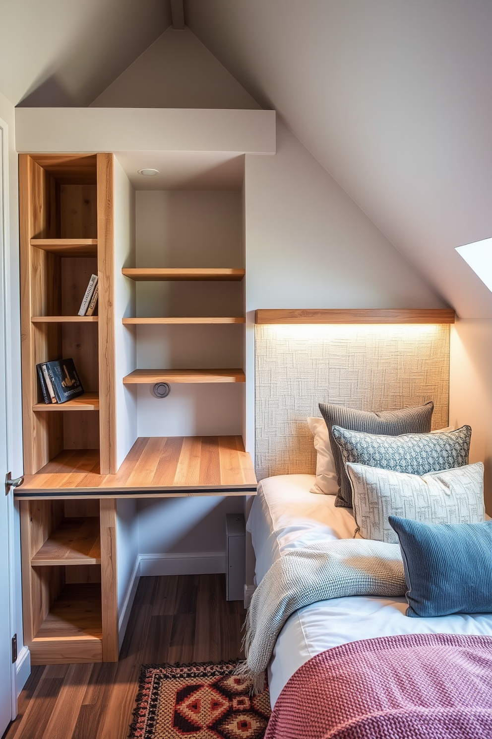 A cozy loft bedroom featuring a built-in desk that maximizes workspace efficiency. The desk is crafted from reclaimed wood and seamlessly integrates with the surrounding shelves for a clean look. Soft lighting illuminates the space, creating a warm and inviting atmosphere. The bed is positioned against a textured accent wall, adorned with plush bedding and decorative pillows for added comfort.