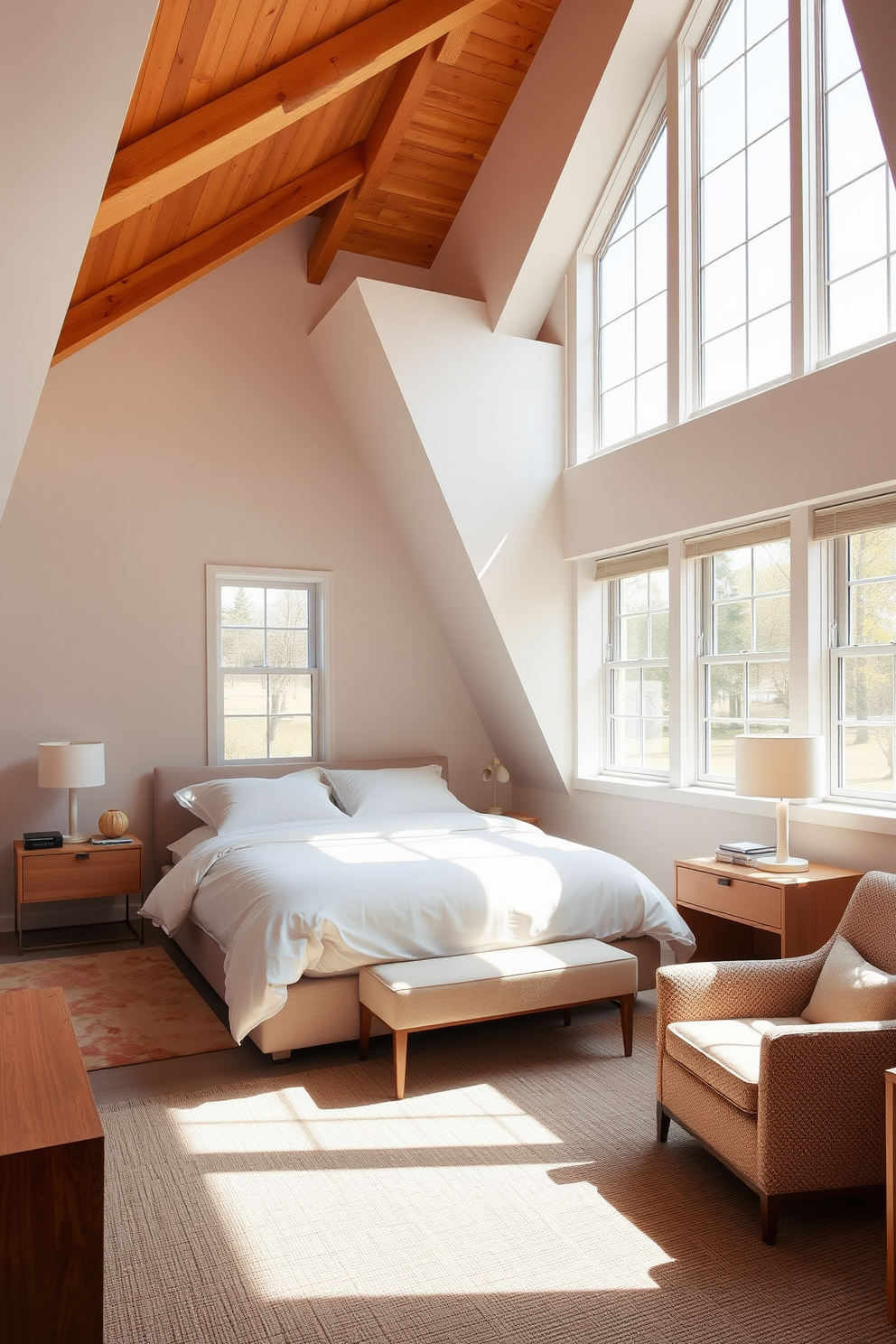 A loft bedroom featuring creative wall space utilization for storage. The walls are adorned with floating shelves that hold books and decorative items, while a stylish ladder leads to a cozy reading nook above. A built-in desk area is seamlessly integrated into the wall, providing a functional workspace. Soft lighting fixtures highlight the storage solutions, creating an inviting and organized atmosphere.