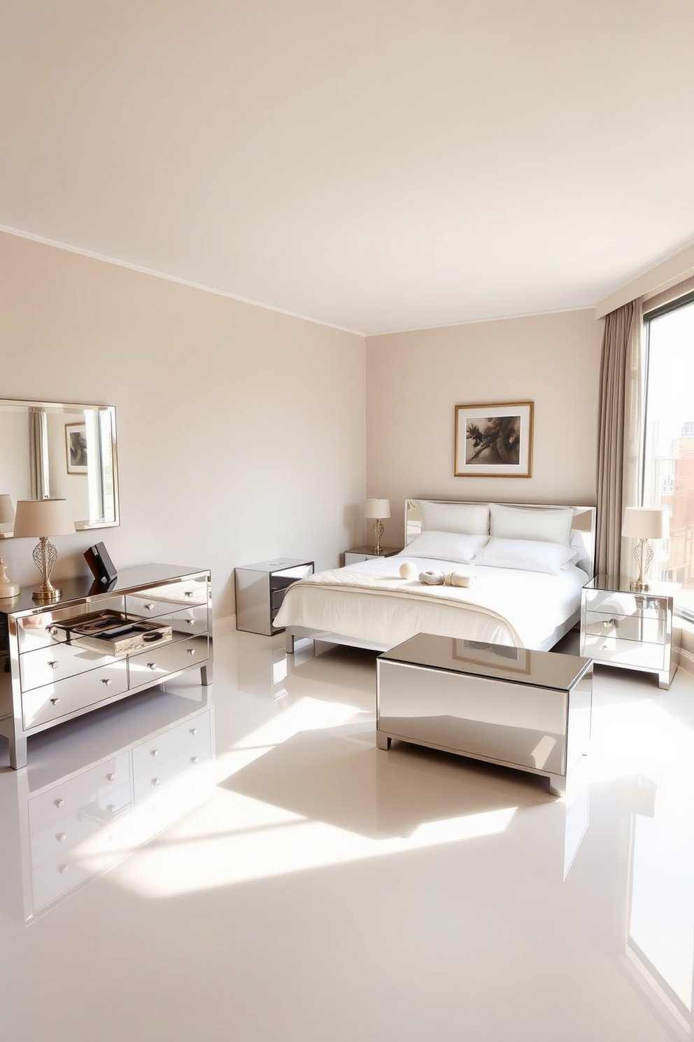 A loft bedroom featuring mirrored furniture that reflects light and creates an illusion of spaciousness. The bed is positioned against a wall with a large window, allowing natural light to flood the room and highlight the sleek surfaces. A stylish mirrored dresser sits opposite the bed, complemented by a pair of modern bedside tables with reflective finishes. The overall color scheme includes soft neutrals and metallic accents, enhancing the contemporary aesthetic of the space.