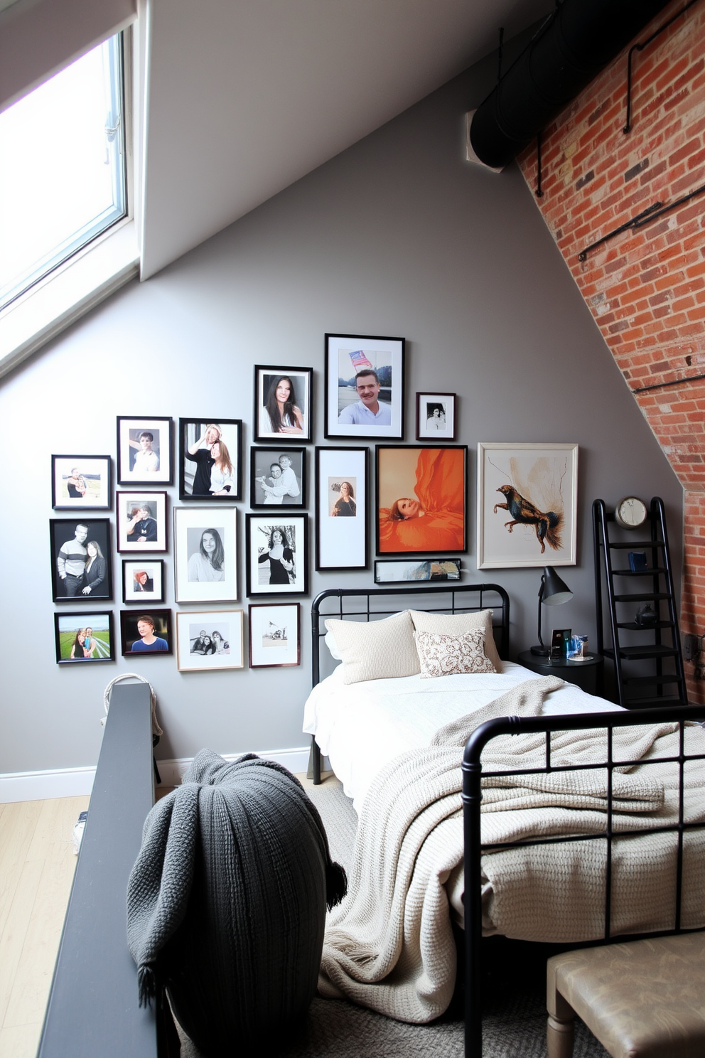 Personalized gallery wall featuring a mix of framed family photos and abstract art pieces. The wall is painted in a soft gray, providing a neutral backdrop that enhances the vibrant colors of the artwork. Loft bedroom design with an open layout showcasing a cozy bed positioned under a skylight. Industrial-style elements like exposed brick and metal accents complement plush textiles for a warm yet modern atmosphere.