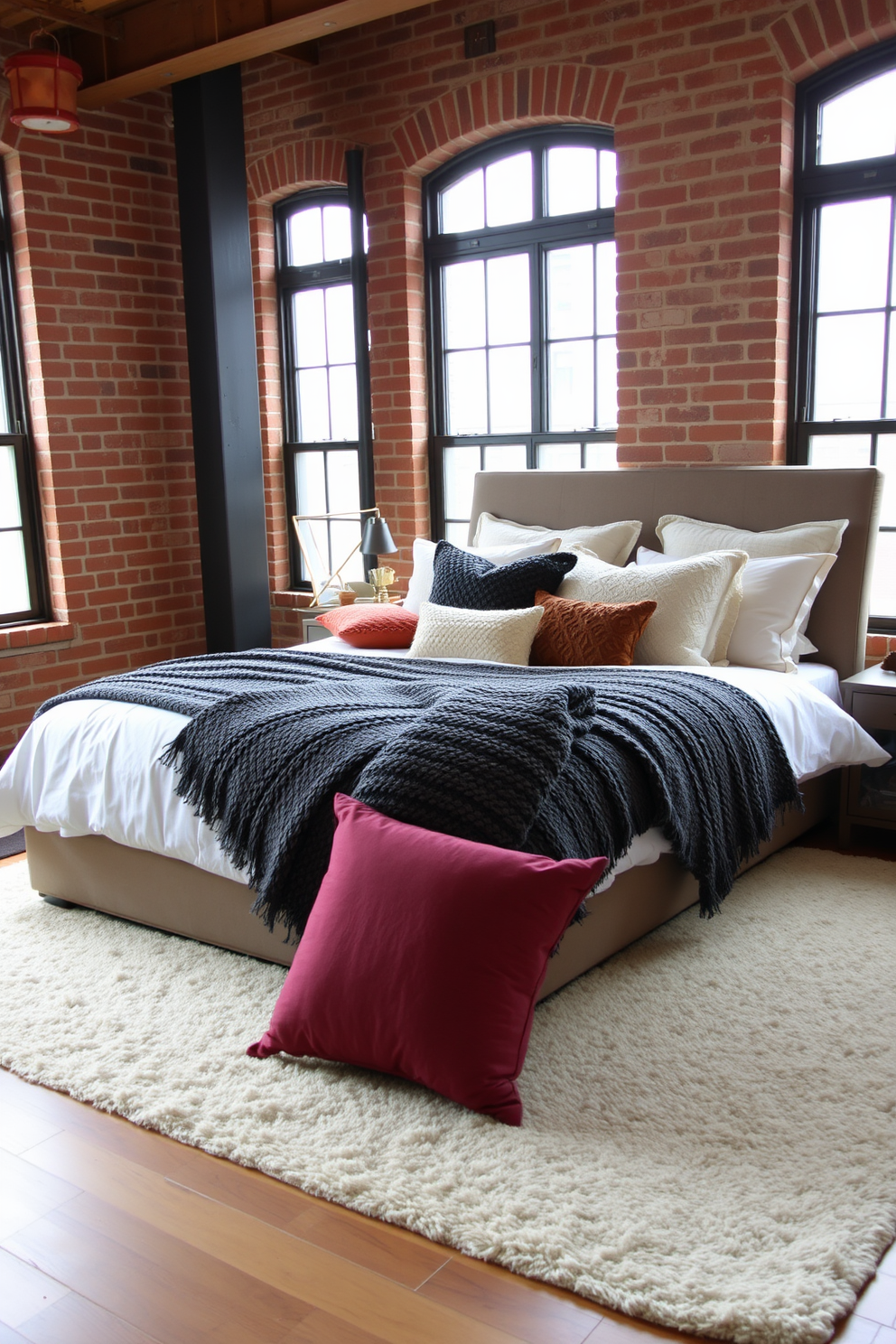 Create a cozy loft bedroom featuring a large bed adorned with an array of textured throw pillows in various colors and patterns. The walls are exposed brick, and large windows allow natural light to flood the space, highlighting a soft area rug beneath the bed.