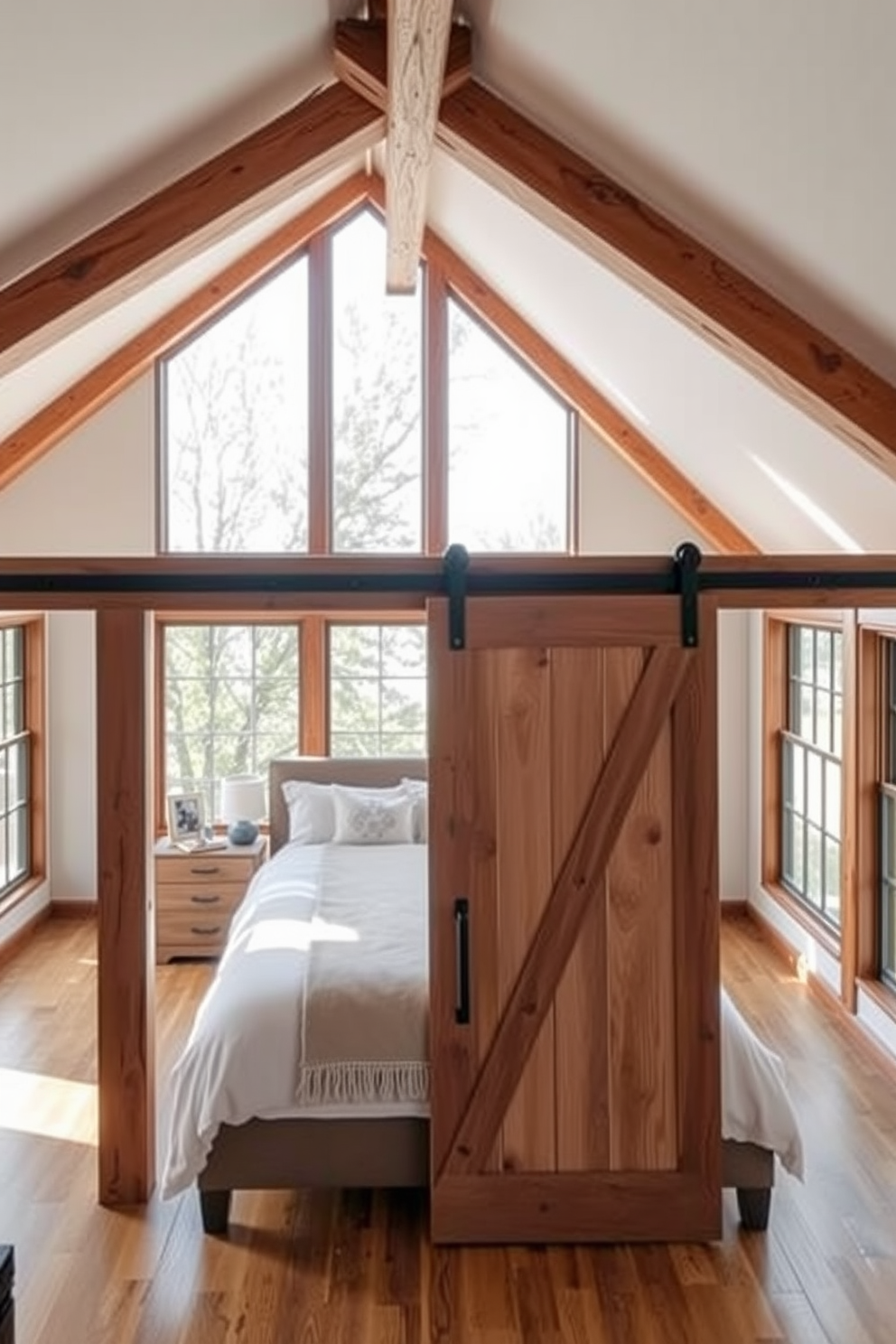 A cozy loft bedroom featuring a sliding barn door that elegantly separates the sleeping area from the living space. The room is adorned with exposed wooden beams and large windows allowing natural light to flood in, creating a warm and inviting atmosphere.