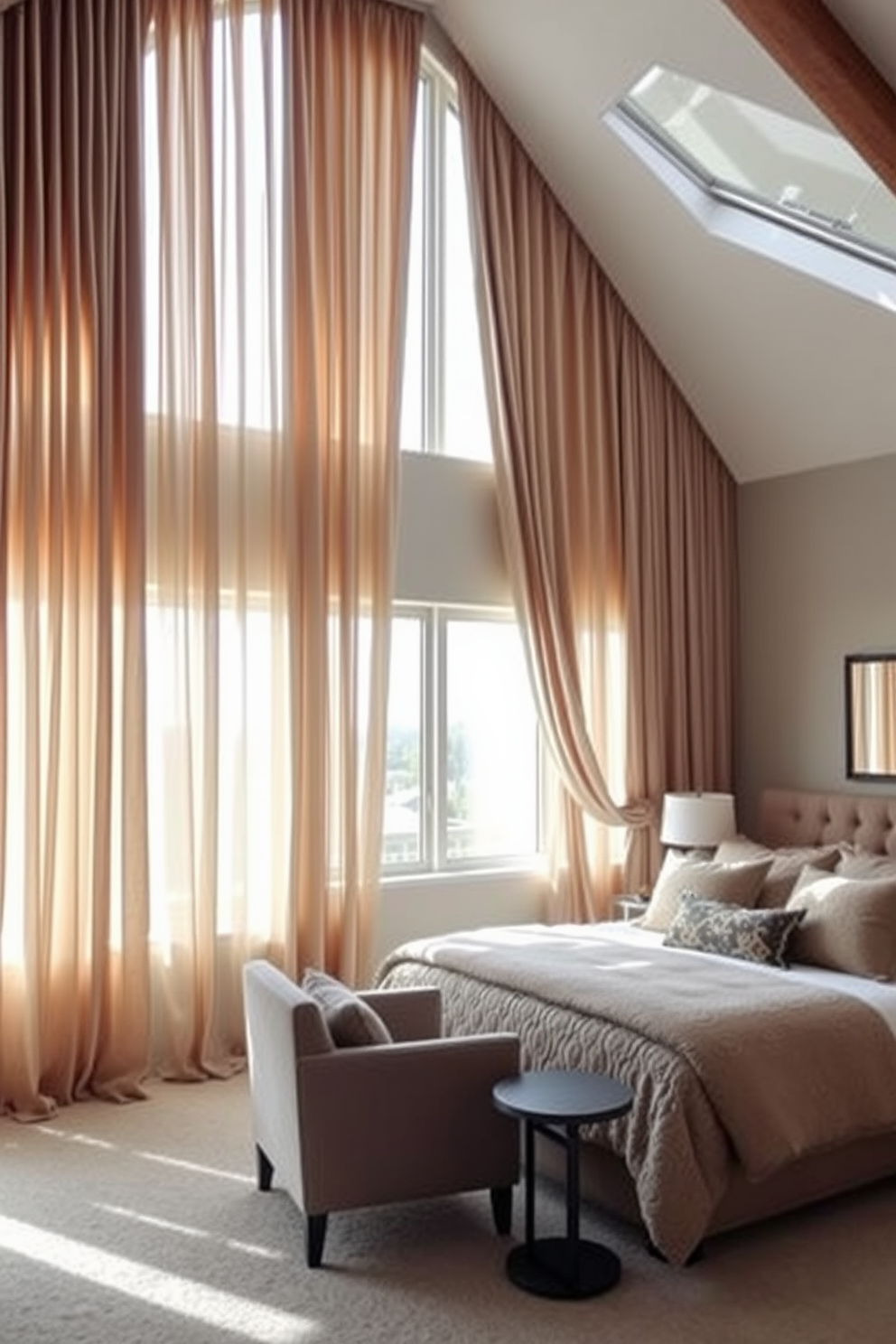 A loft bedroom featuring floor-to-ceiling curtains that elegantly frame large windows. The curtains are made of a soft, flowing fabric in a neutral tone, allowing natural light to softly illuminate the space. The room is styled with a plush king-sized bed adorned with textured bedding and decorative pillows. A cozy reading nook is created by placing a stylish armchair beside a small side table, enhancing the inviting atmosphere.