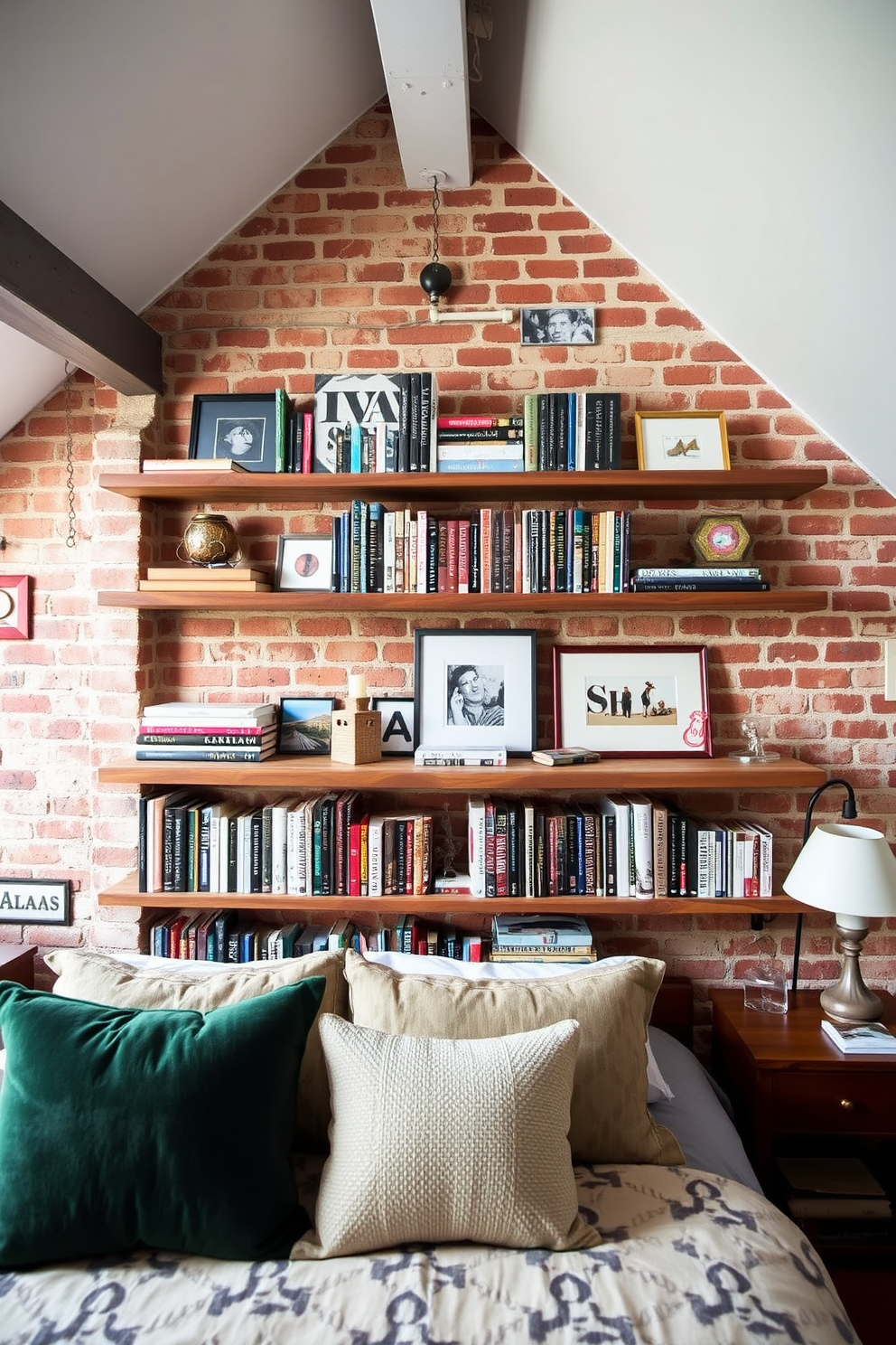 A cozy loft bedroom featuring open shelving that showcases an array of books and decorative items. The shelves are crafted from reclaimed wood and are positioned against a backdrop of exposed brick walls, adding character to the space.